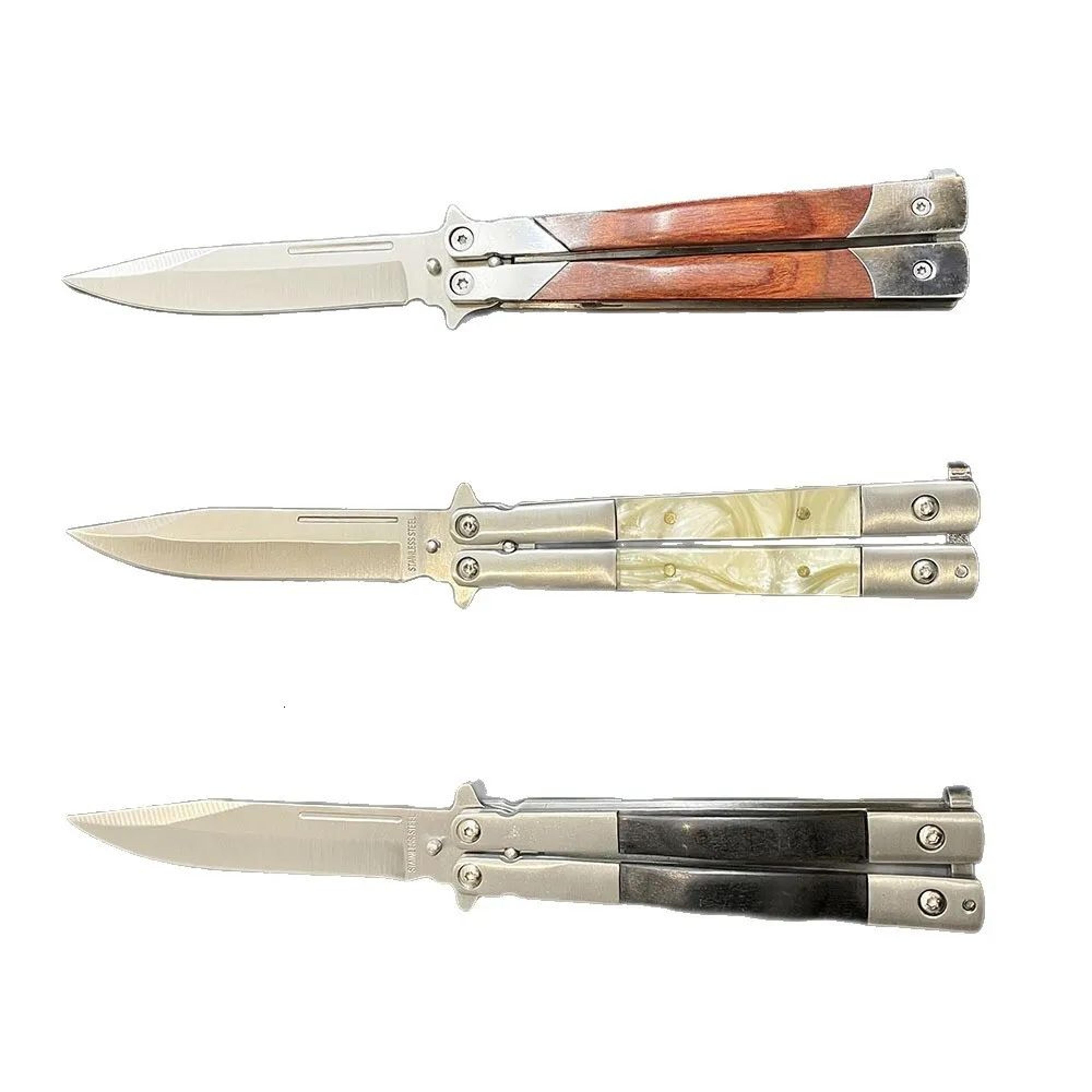 stainless steel mini butterfly folding knife with unsharpened blade and nylon bag