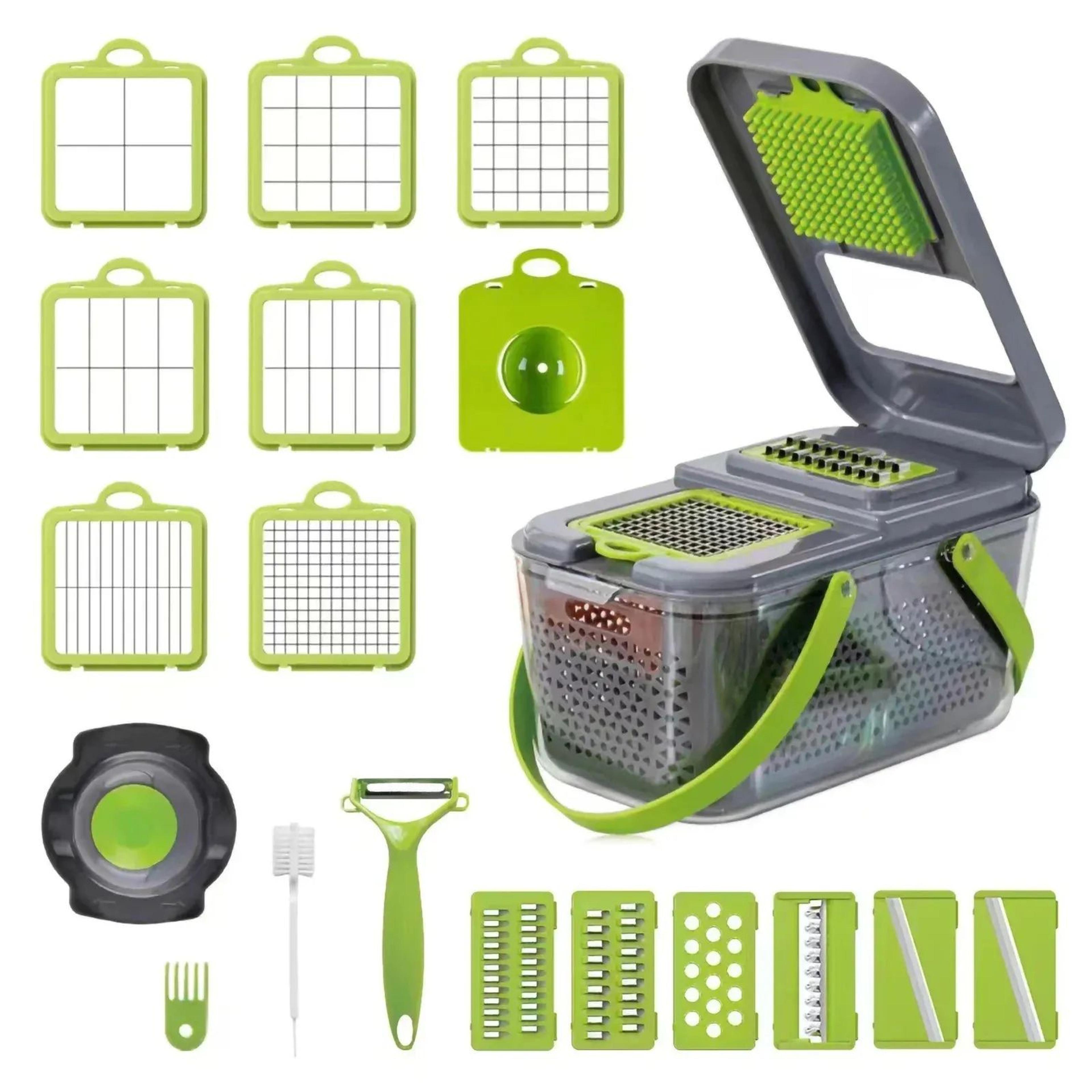 vegetable chopper and slicer with interchangeable blades and storage box