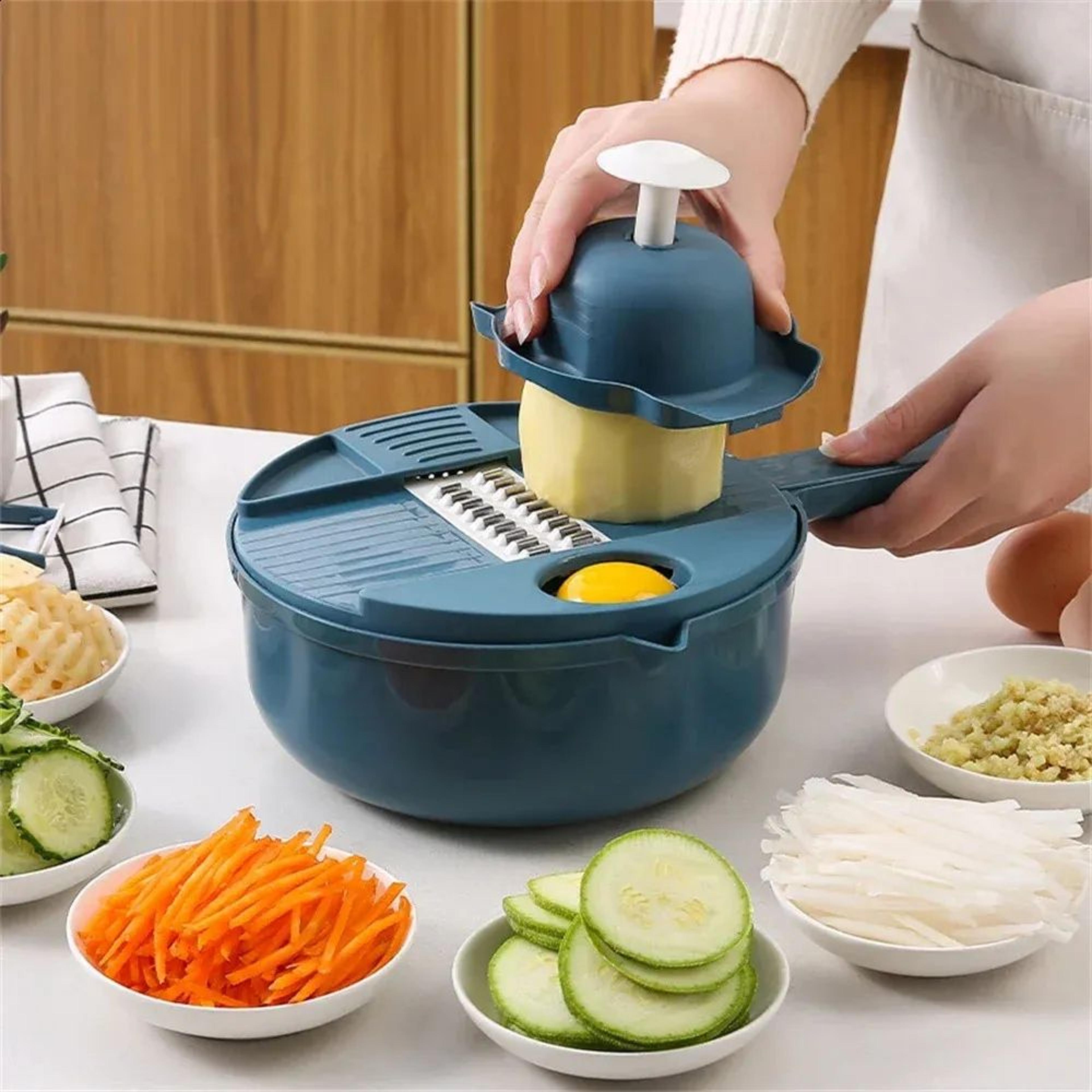 vegetable slicer with interchangeable stainless steel blades for food preparation