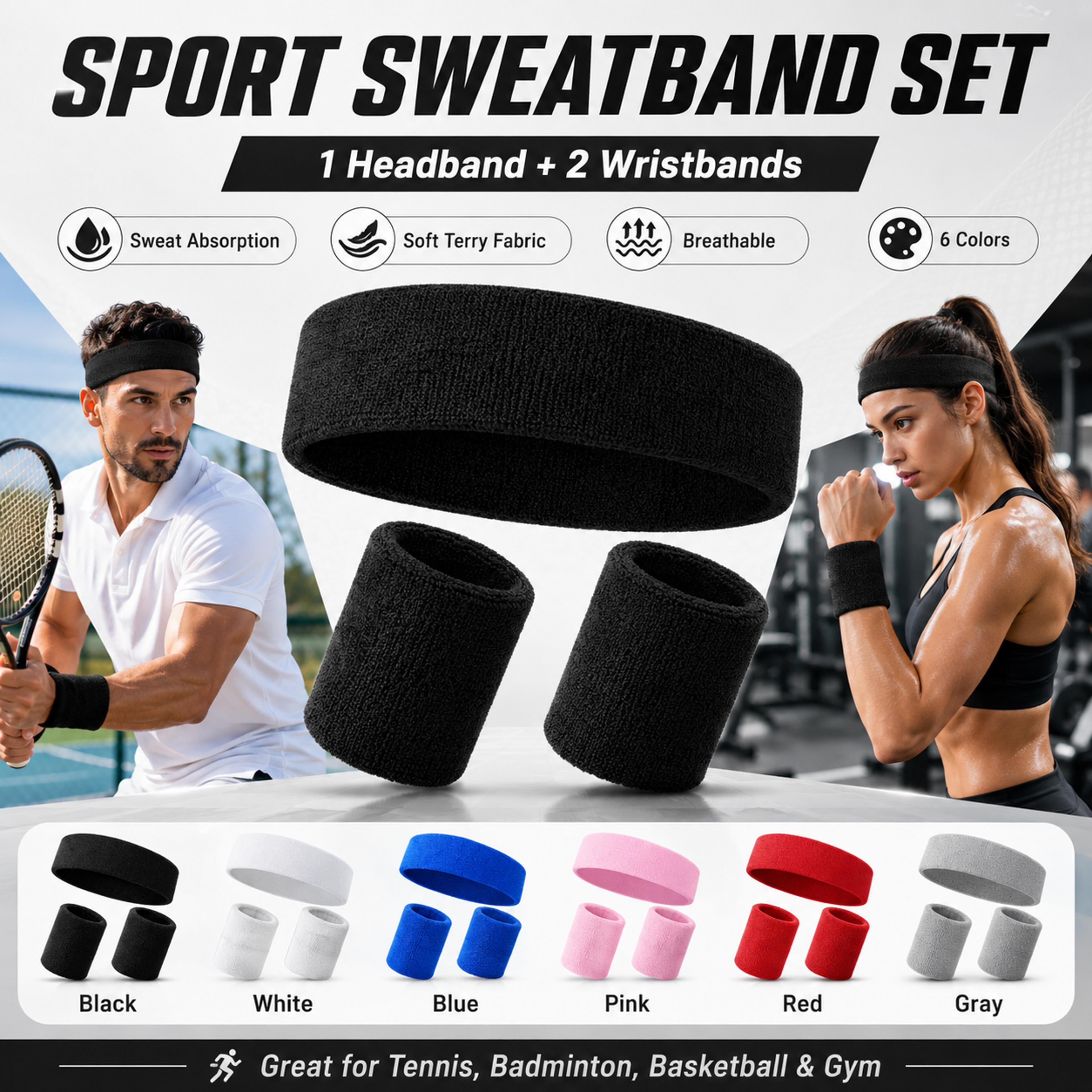 absorbent headband & wrist sweatbands for gym, tennis, basketball training