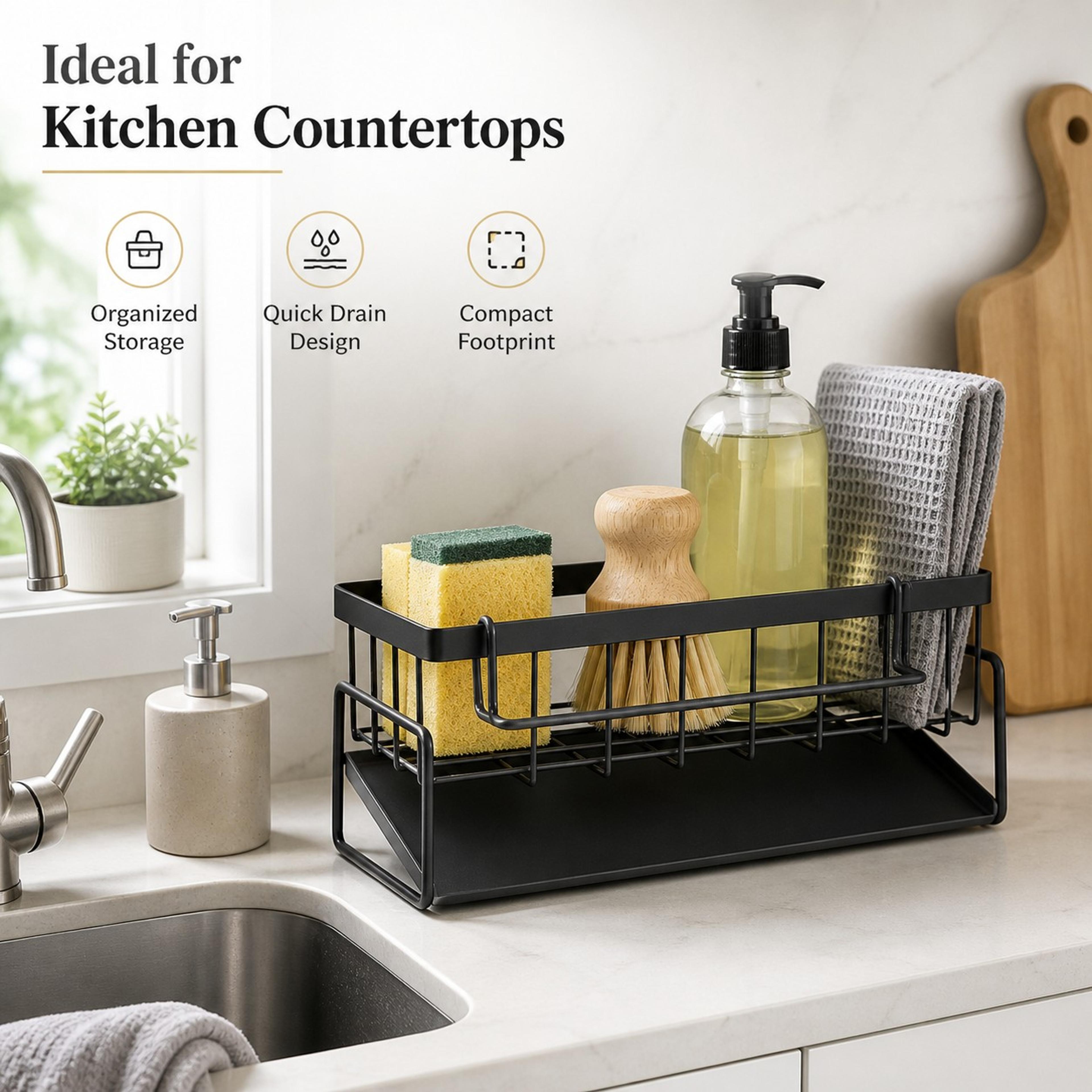 metal kitchen sink organizer with drain tray sponge holder for dish soap storage
