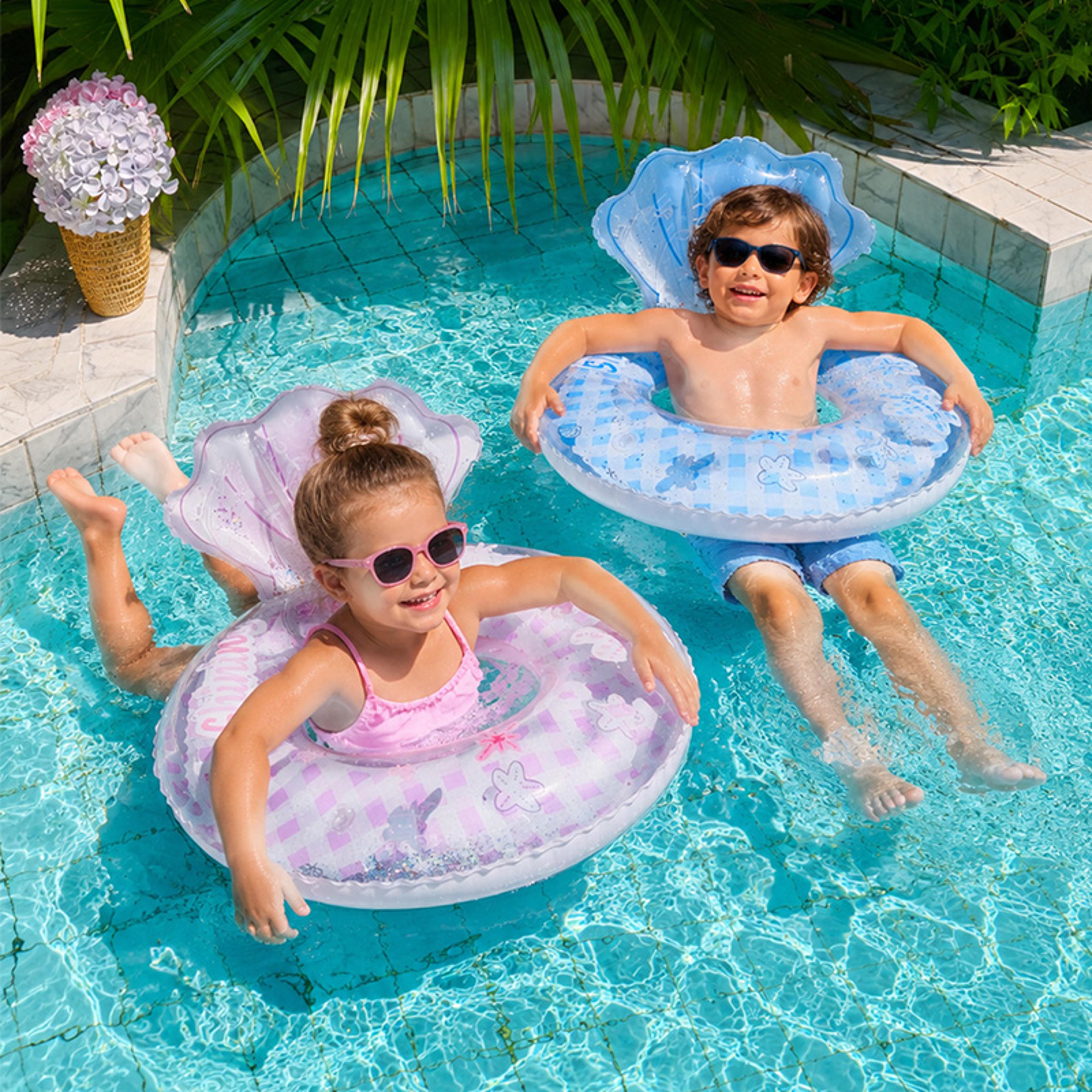 shell pool float with glitter sequin design, inflatable swimming ring for summer fun