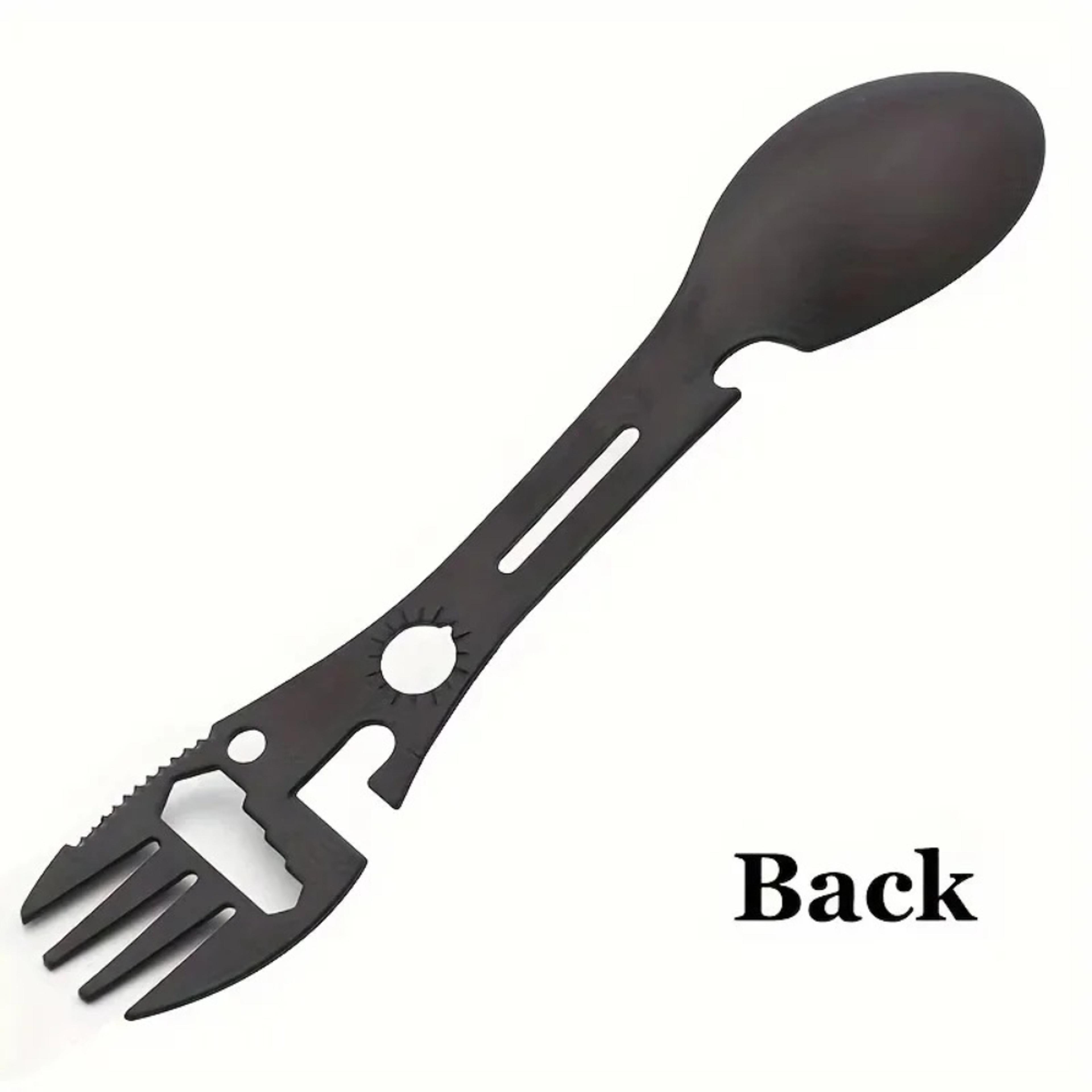 camping multitool spoon with fork, bottle opener and whistle