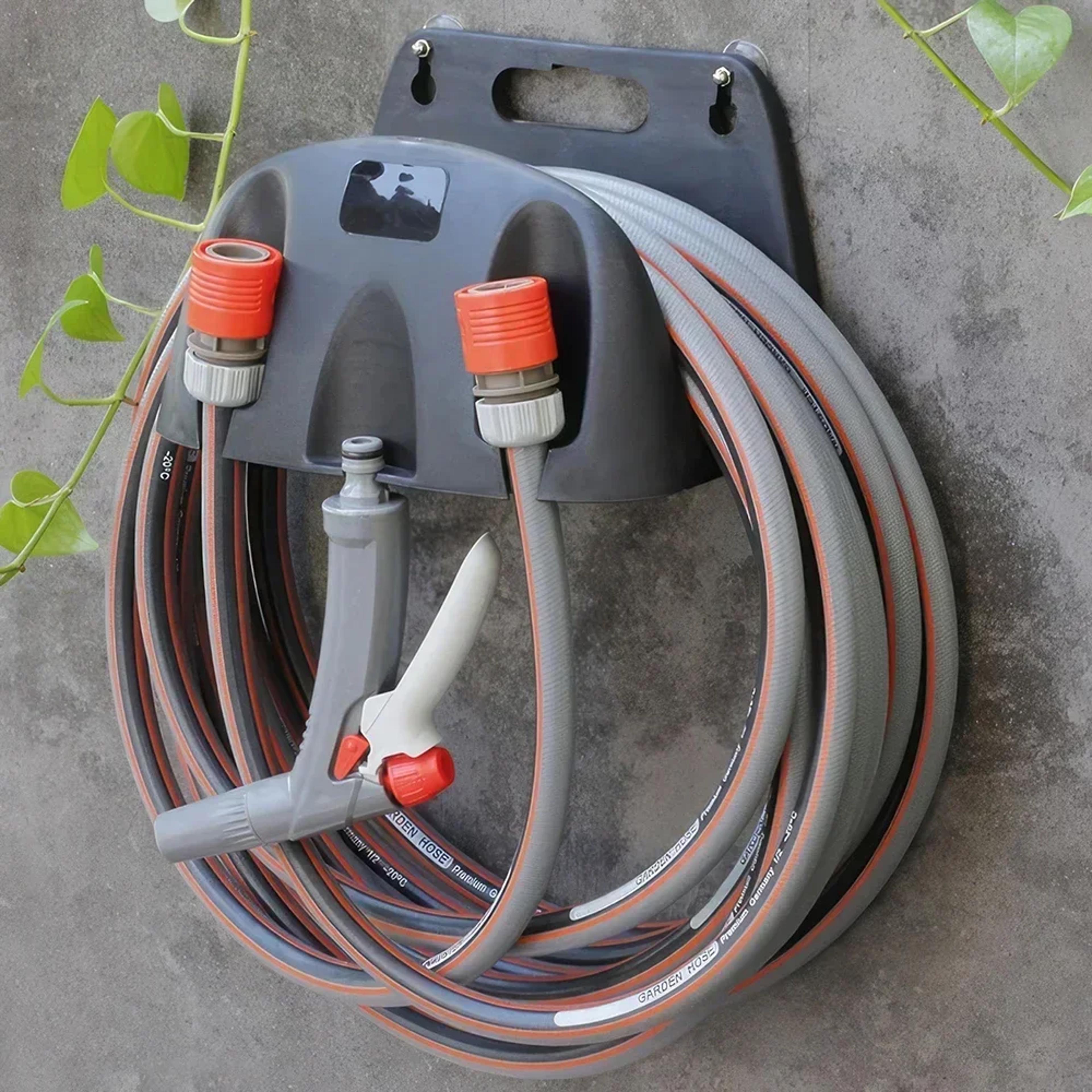 heavy duty wall mount garden hose holder and outdoor storage organizer