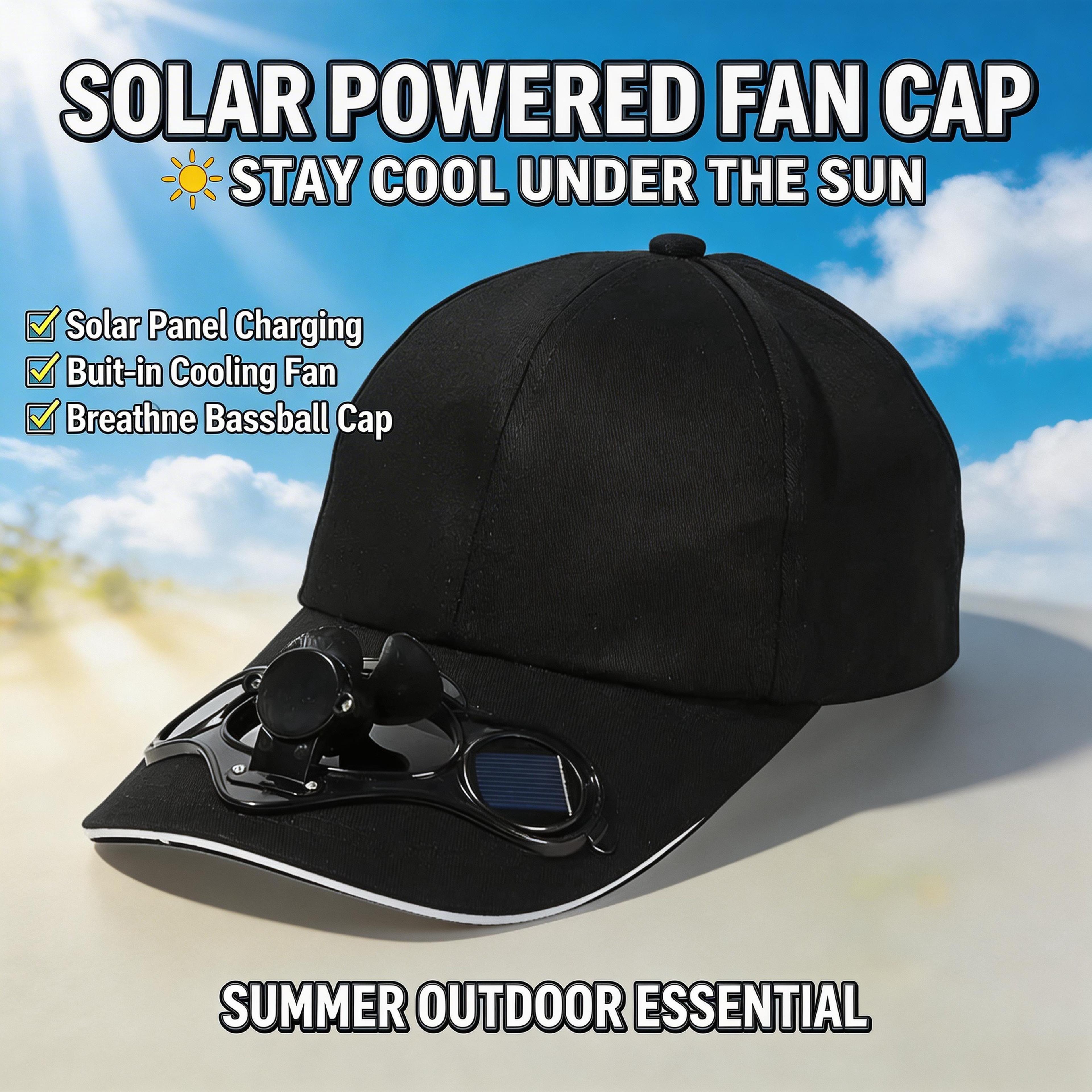 solar powered cooling fan cap with uv protection and breathable mesh