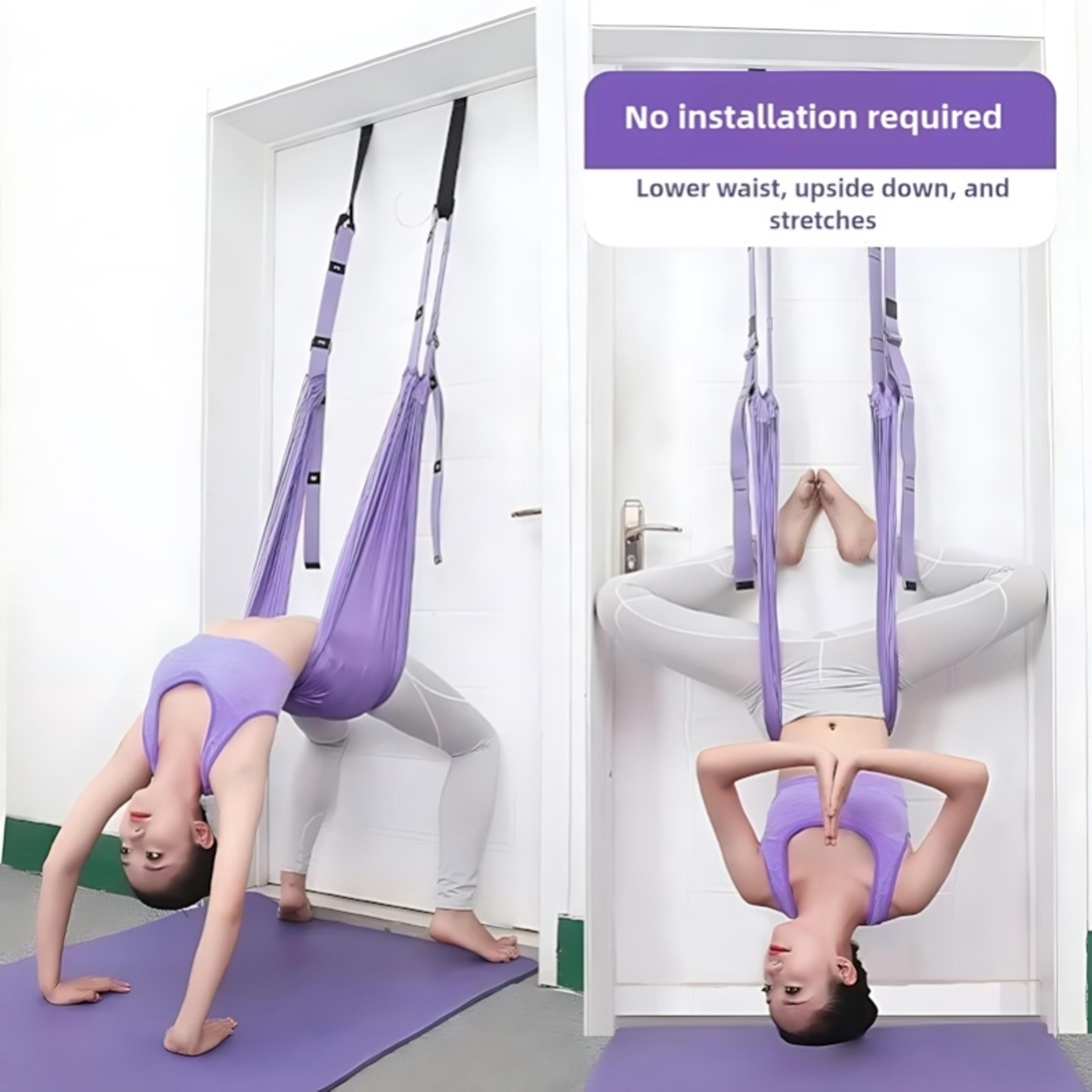 purple aerial yoga rope for assisted stretching and home fitness
