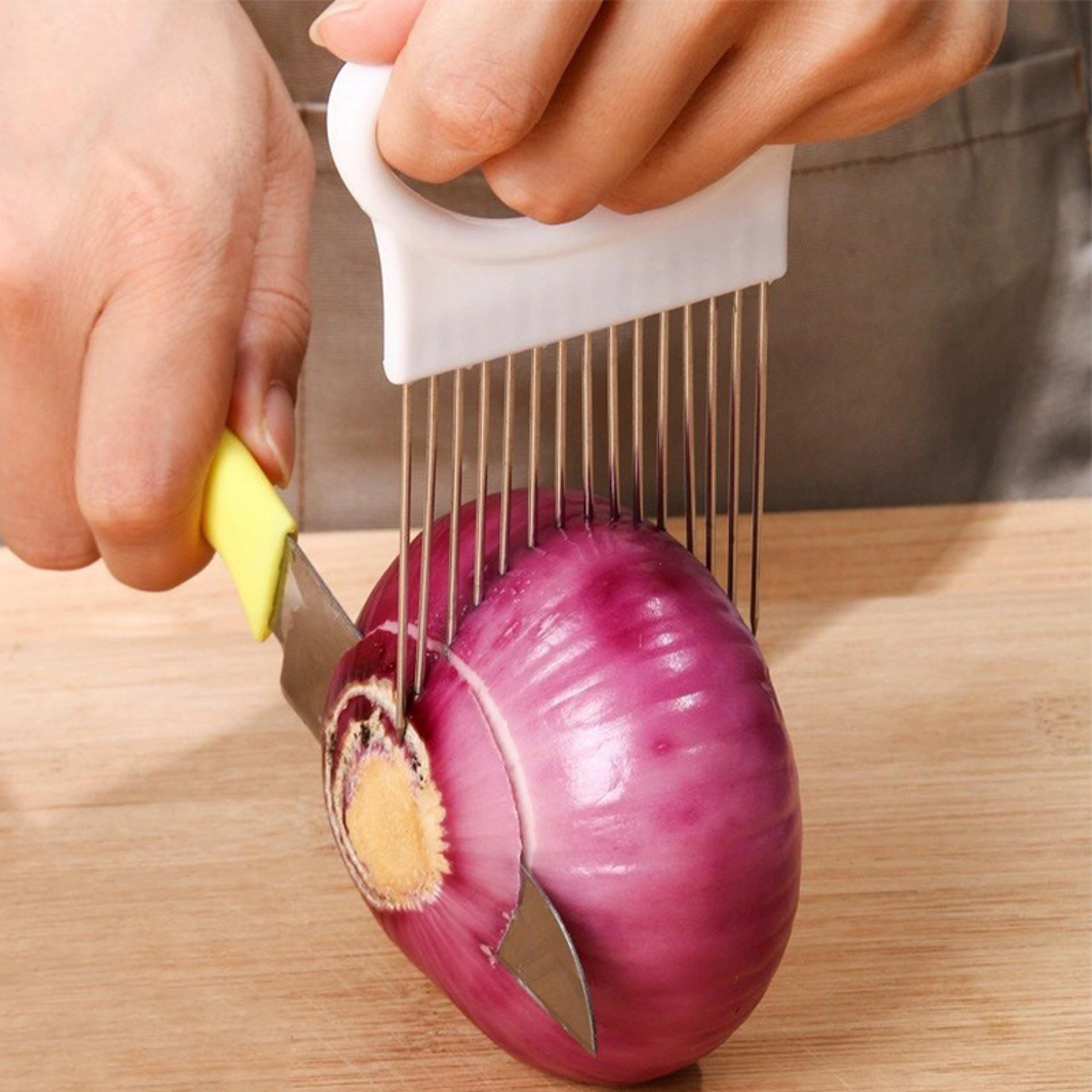 colorful stainless steel onion slicer holder for safe easy vegetable cutting