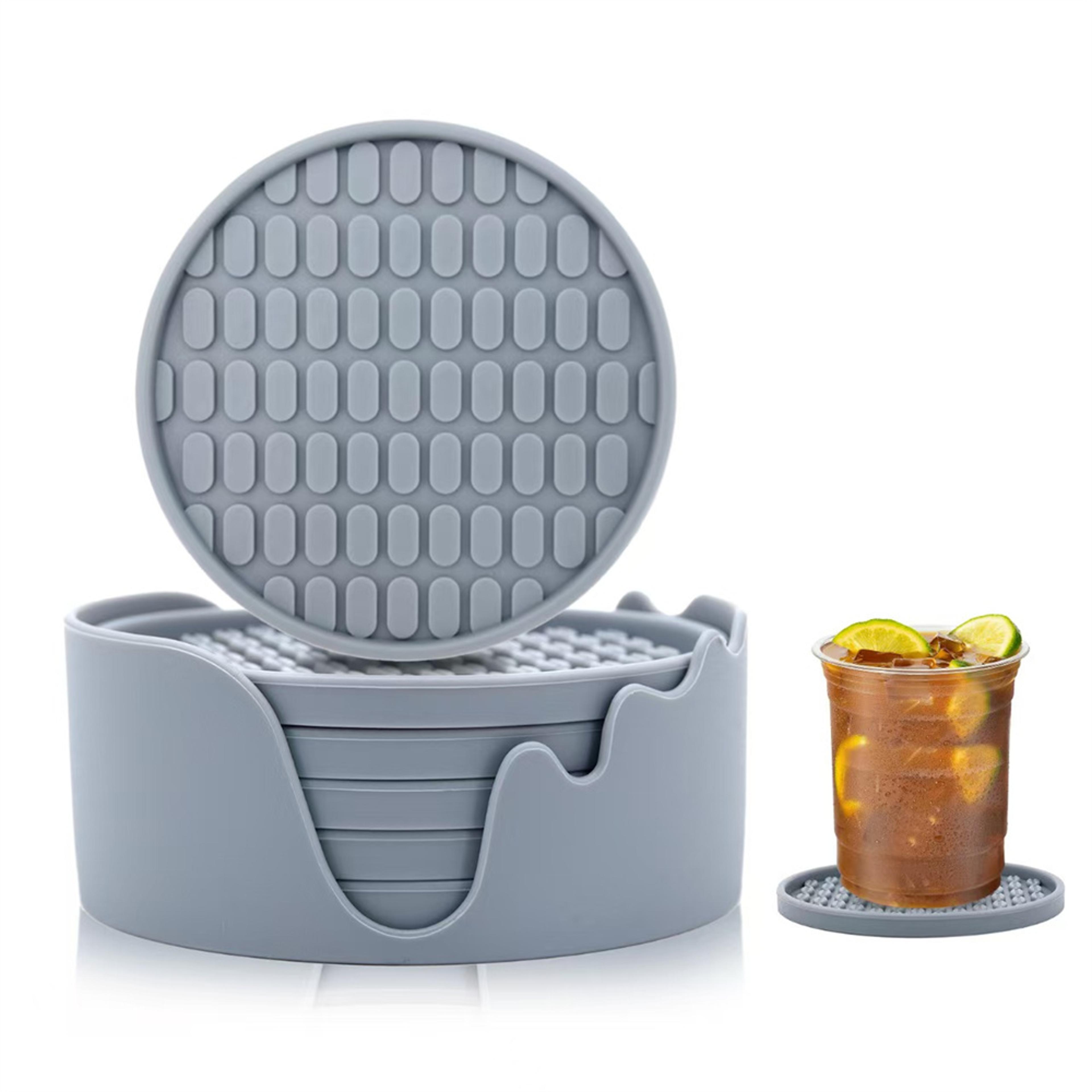 six piece non slip silicone drink coasters with holder