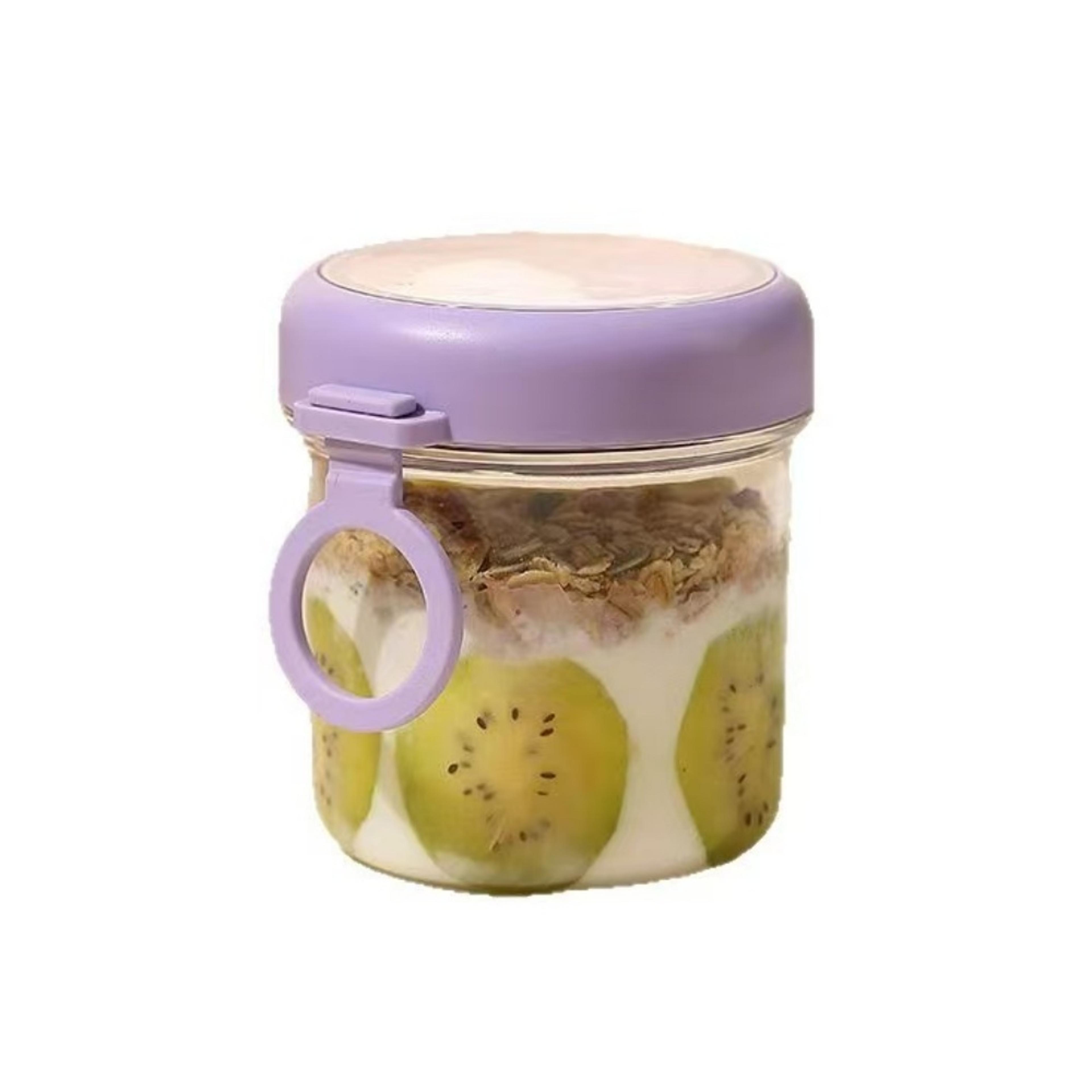 wide mouth glass overnight oats container with sealed lid and spoon