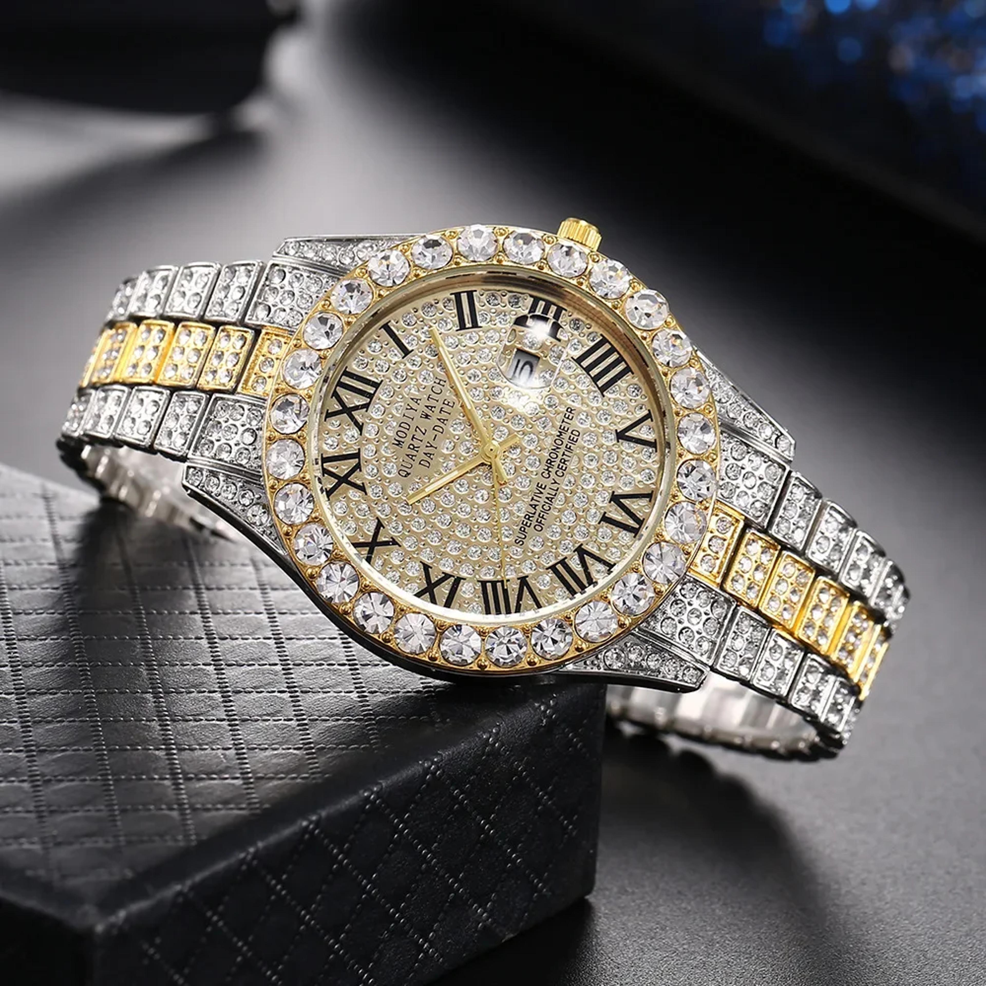 luxury gold diamond bling watch for men with quartz movement calendar design