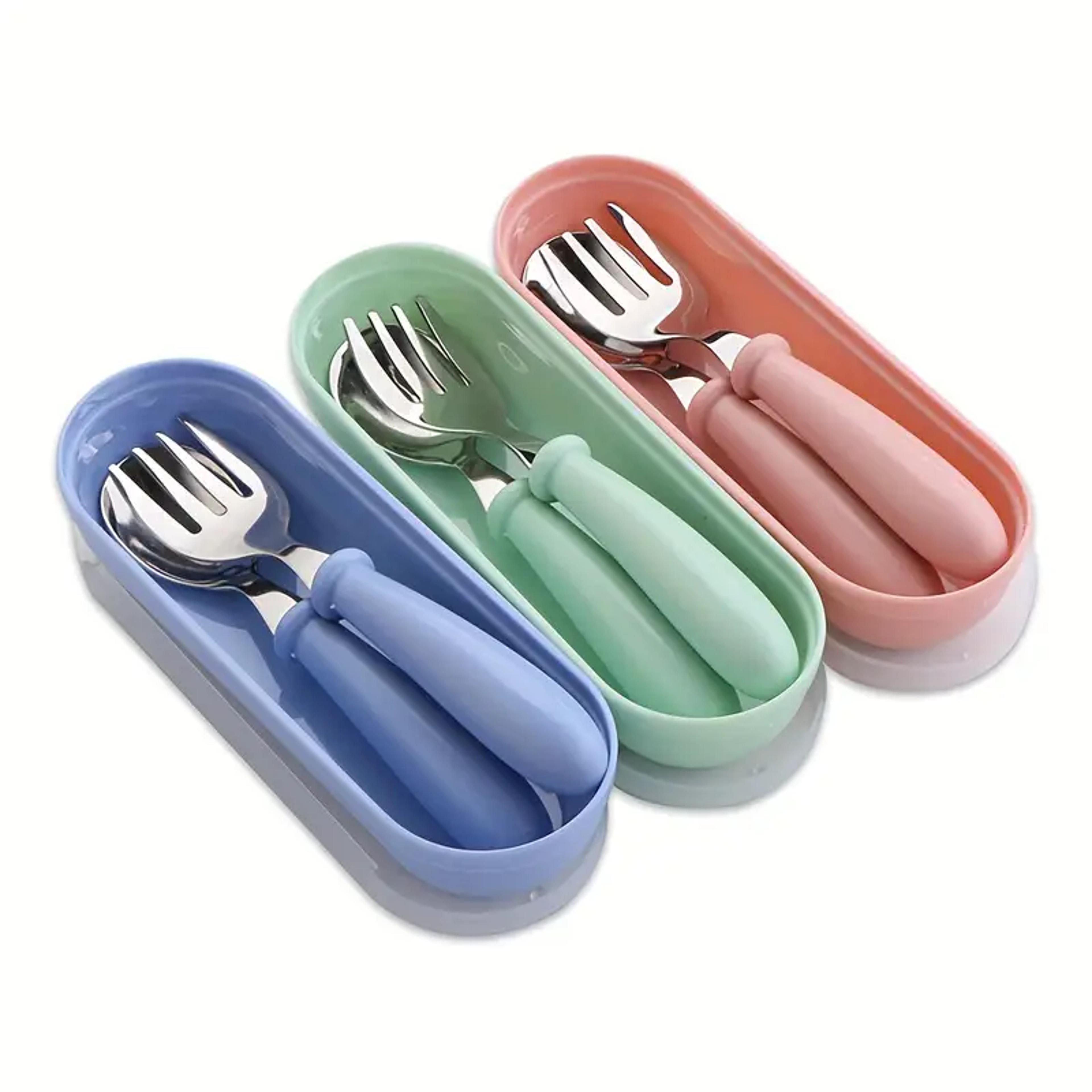 stainless steel baby cutlery set with spoon fork box for toddlers