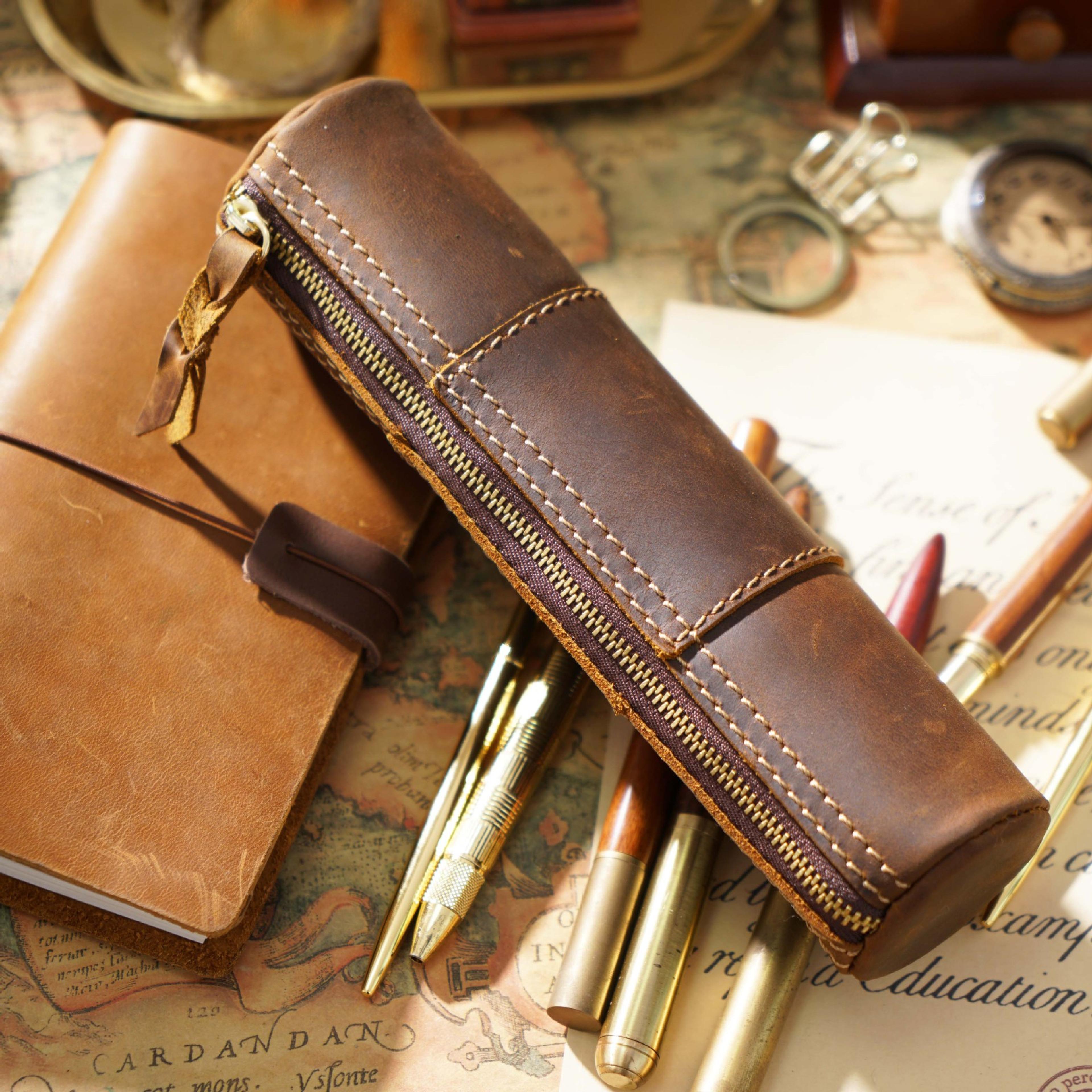 vintage leather pencil case organizer handmade zipper pen pouch for school and office