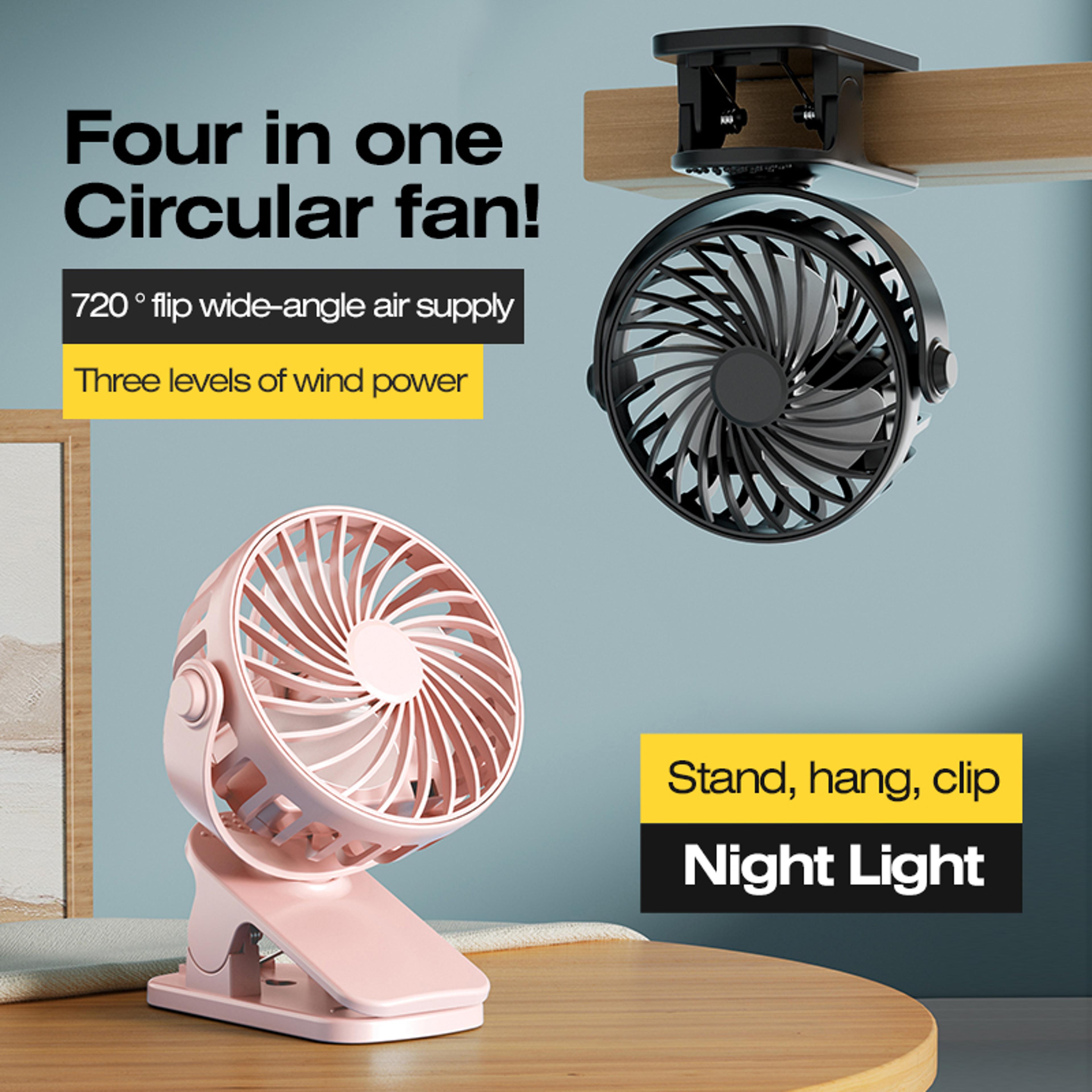 portable rechargeable clip fan rotatable hanging fan with night light for camping and outdoor use