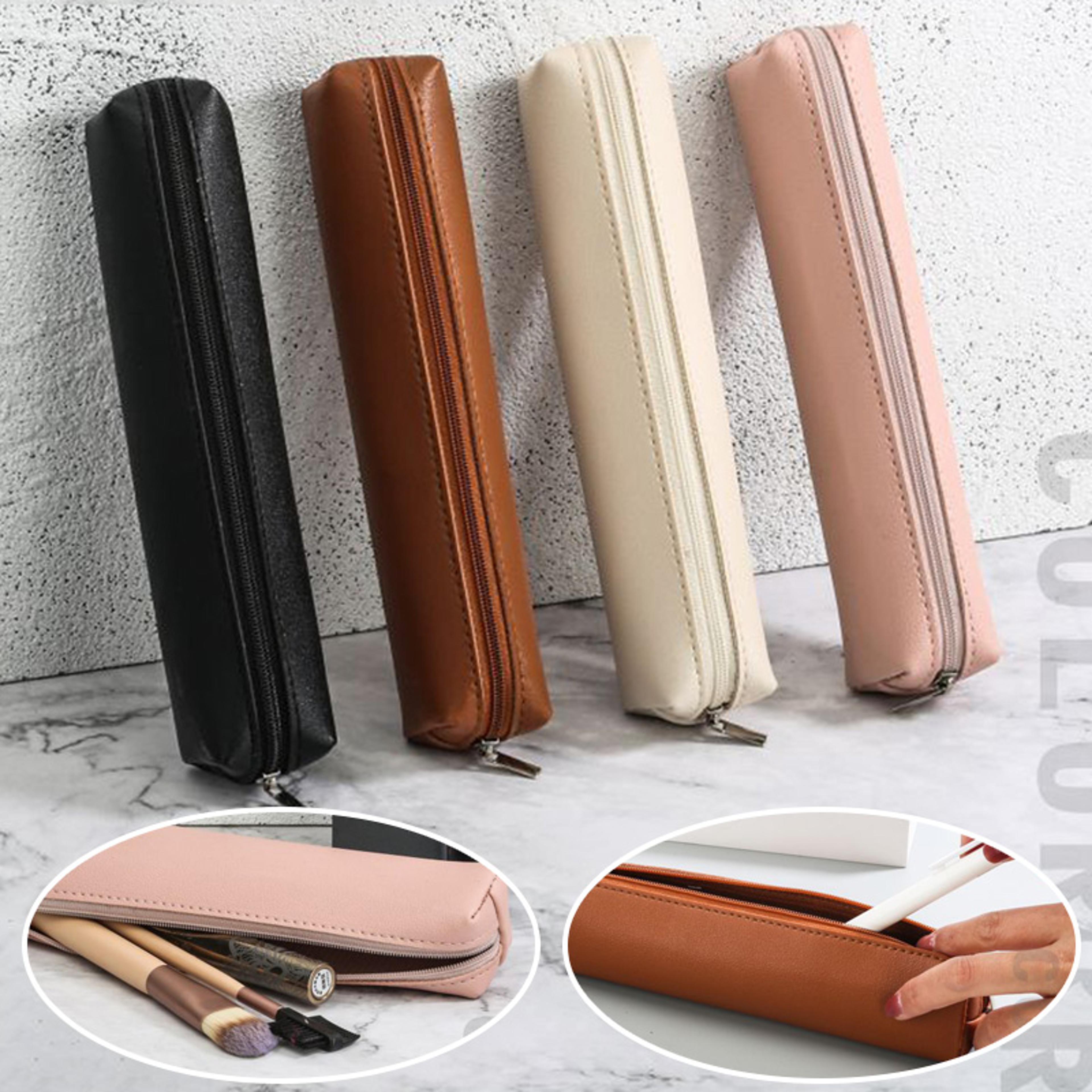 leather pencil case organizer zipper pouch for school office makeup and glasses storage