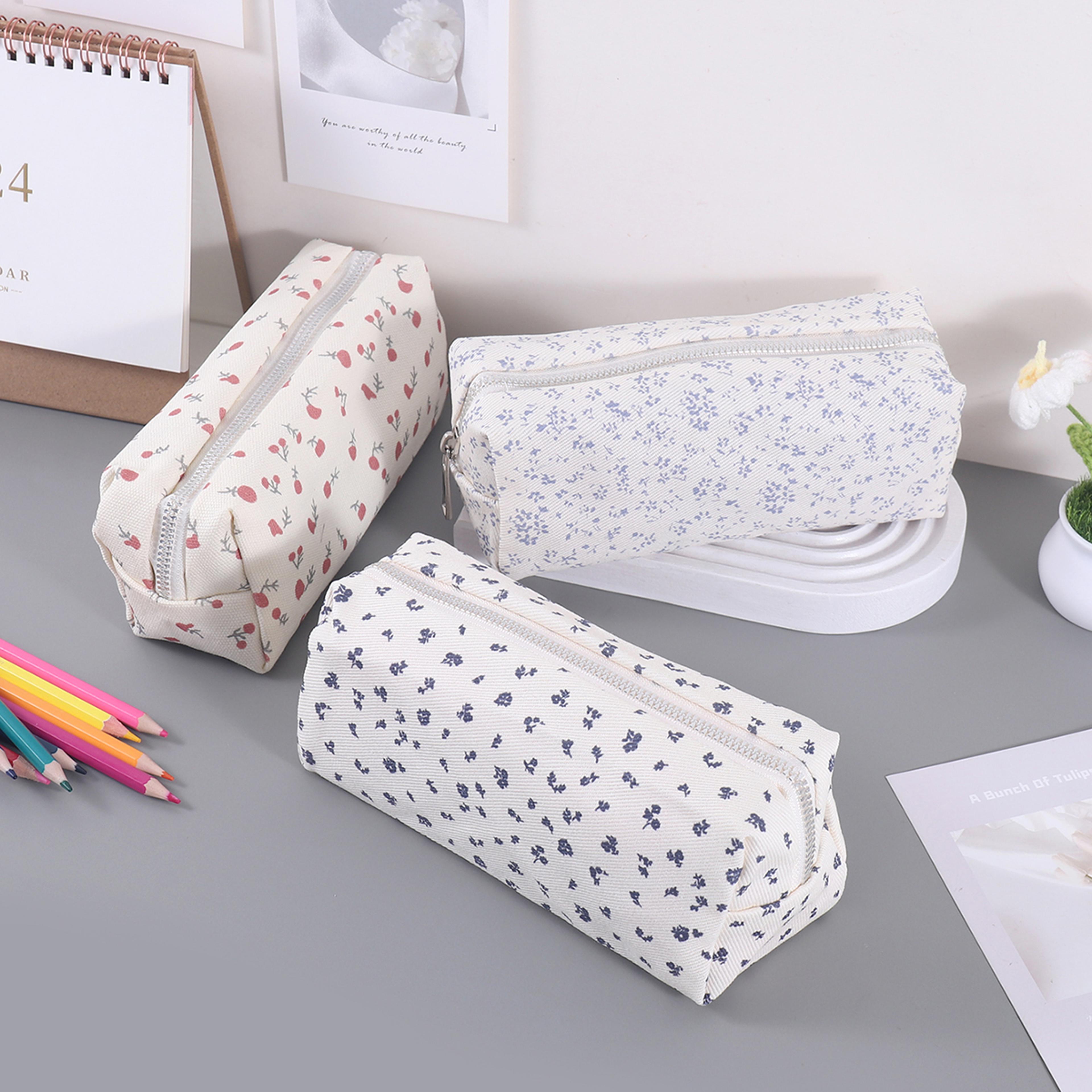 flower design canvas pencil case large capacity cute pencil pouch for school and office
