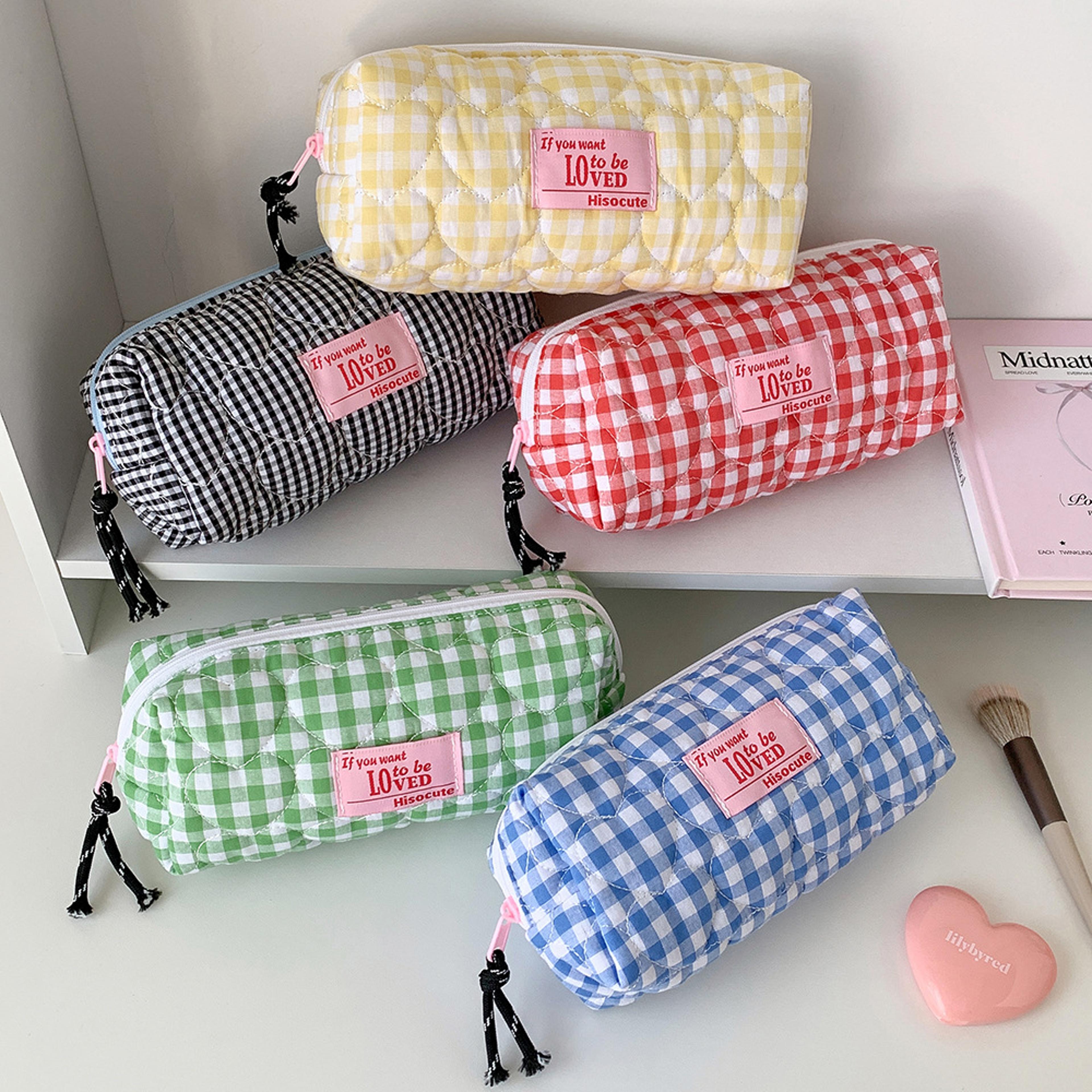 quilted heart grid pencil pouch korean style student stationery bag