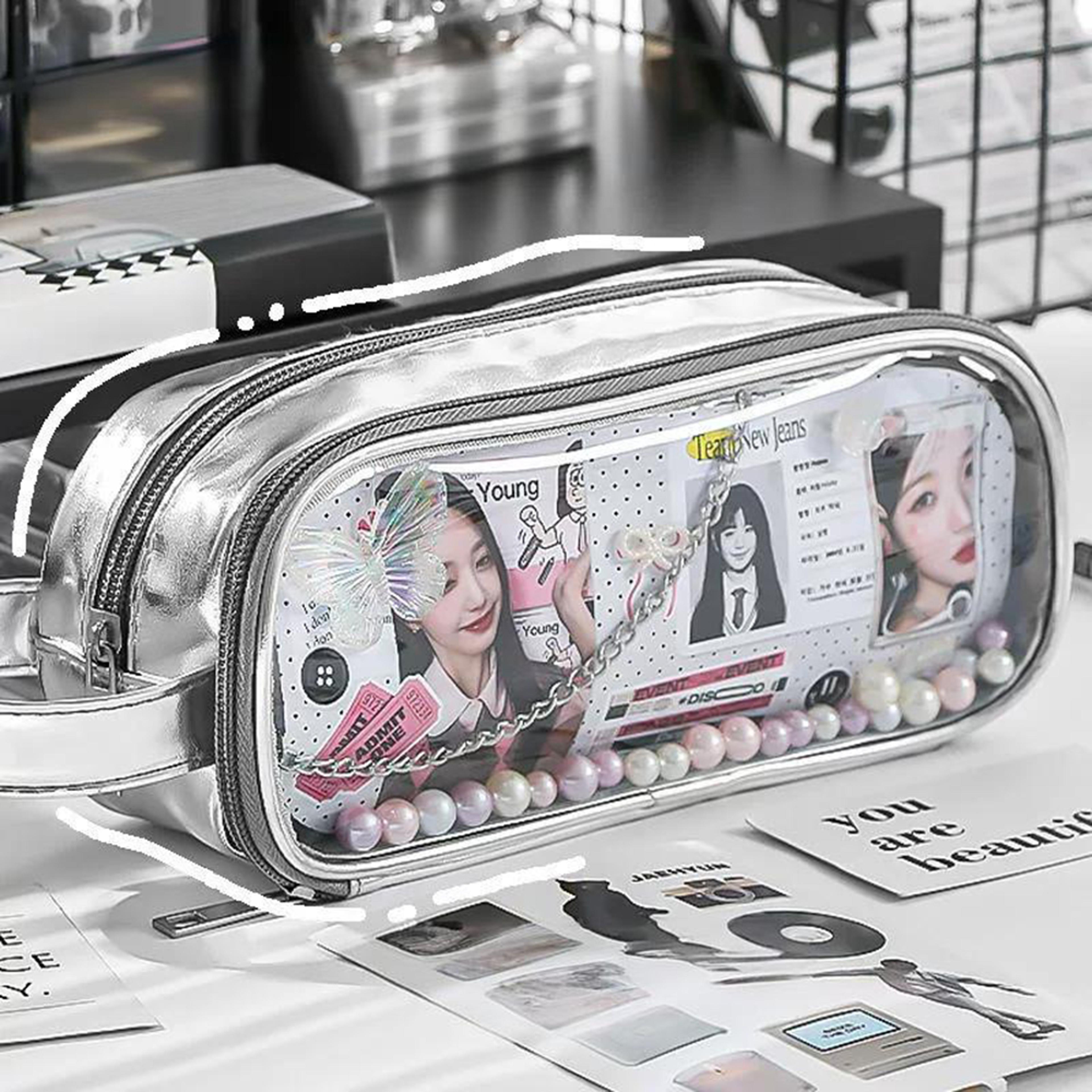 silver transparent pencil bag aesthetic school stationery organizer