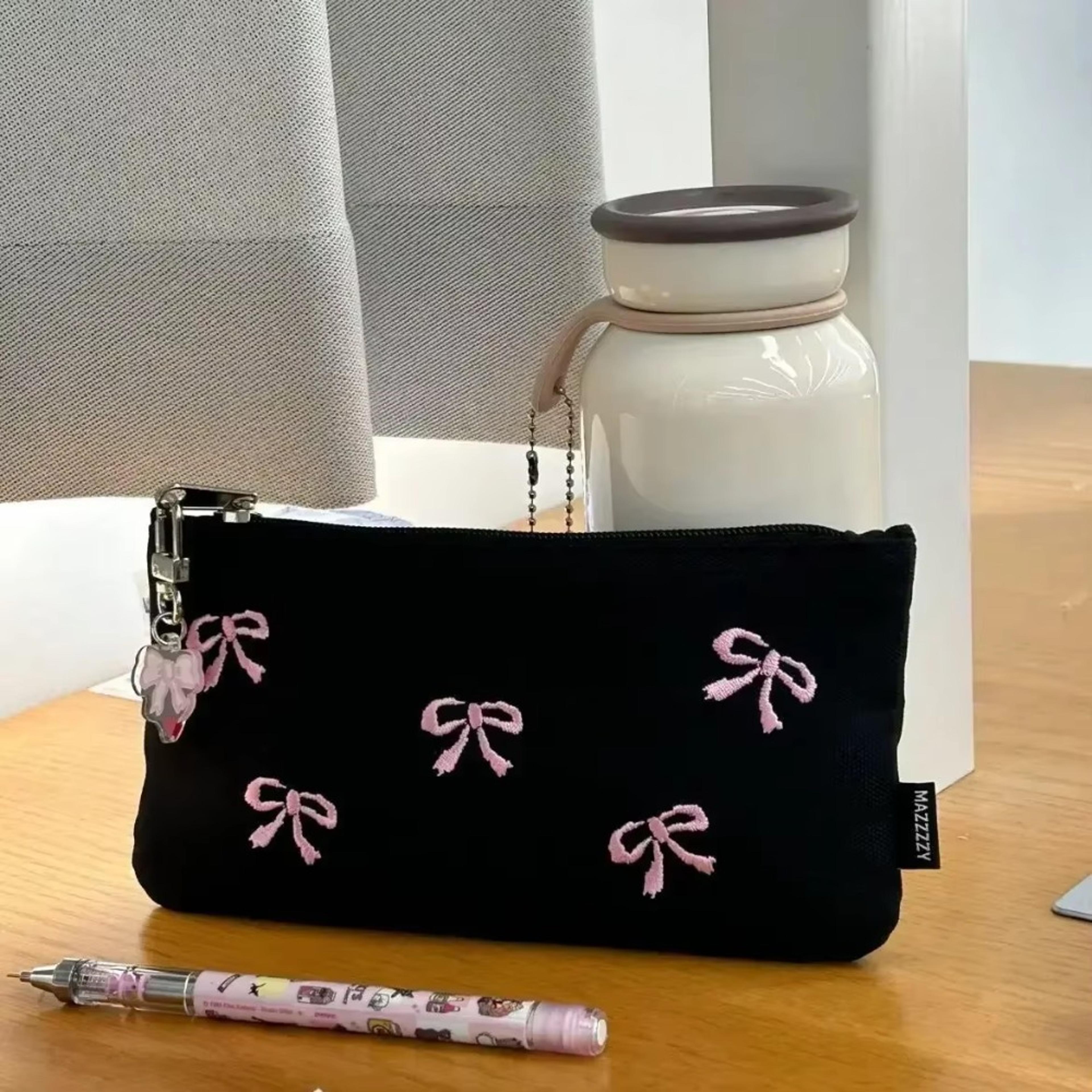 elegant black bow embroidery pencil case portable zipper storage pouch for students