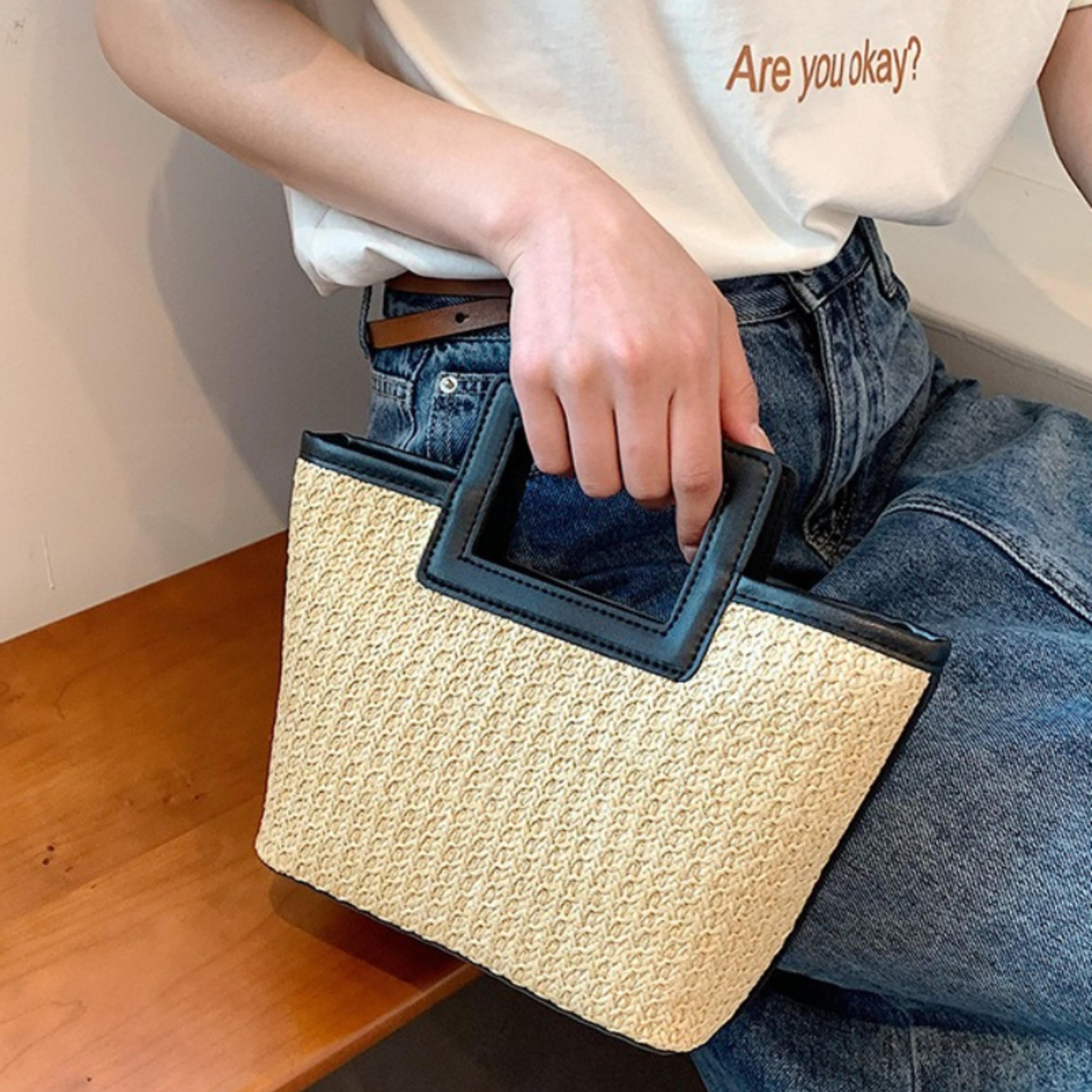 square straw woven handbag faux leather trim mini tote for women vacation style