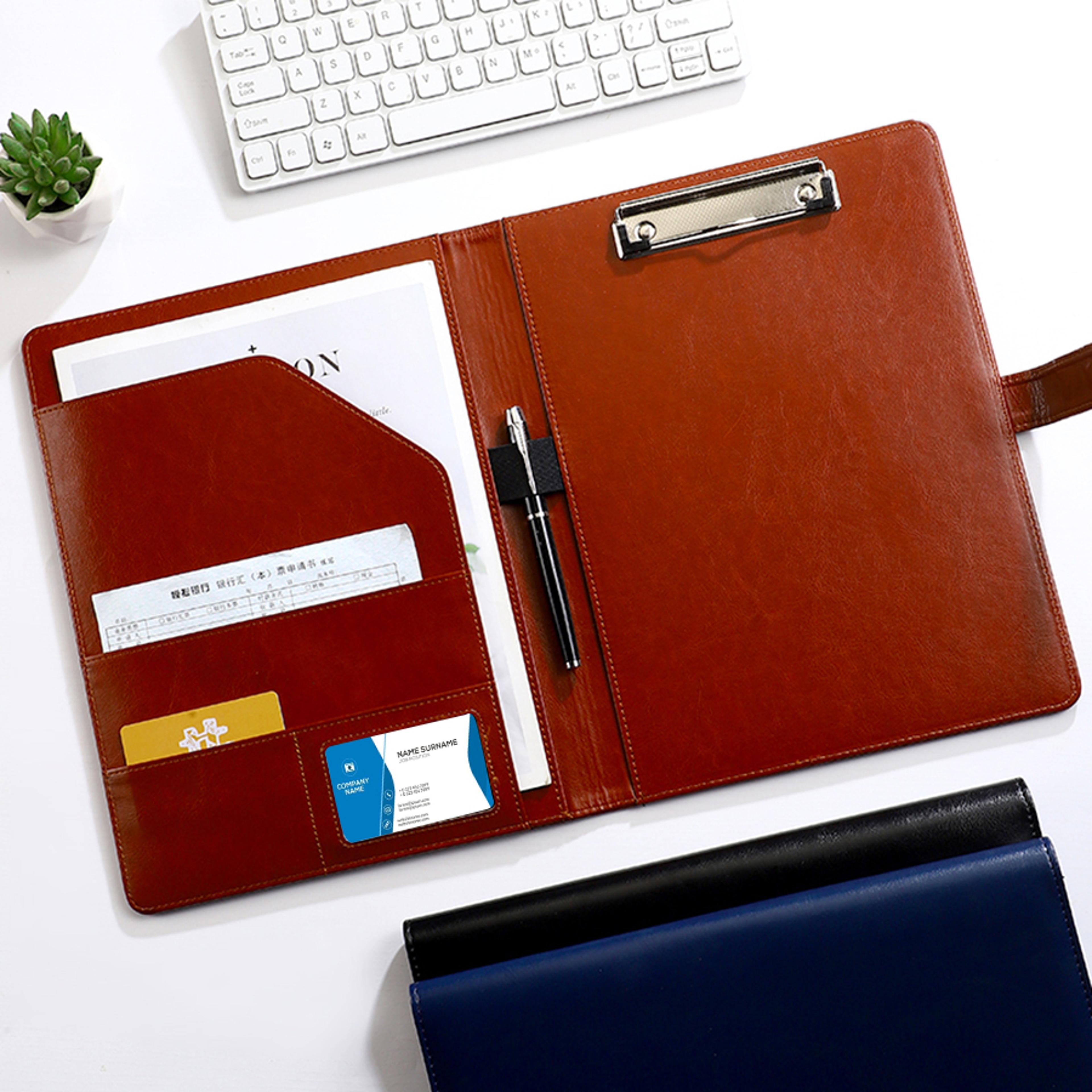 pu leather portfolio organizer with clip pen holder and card slots