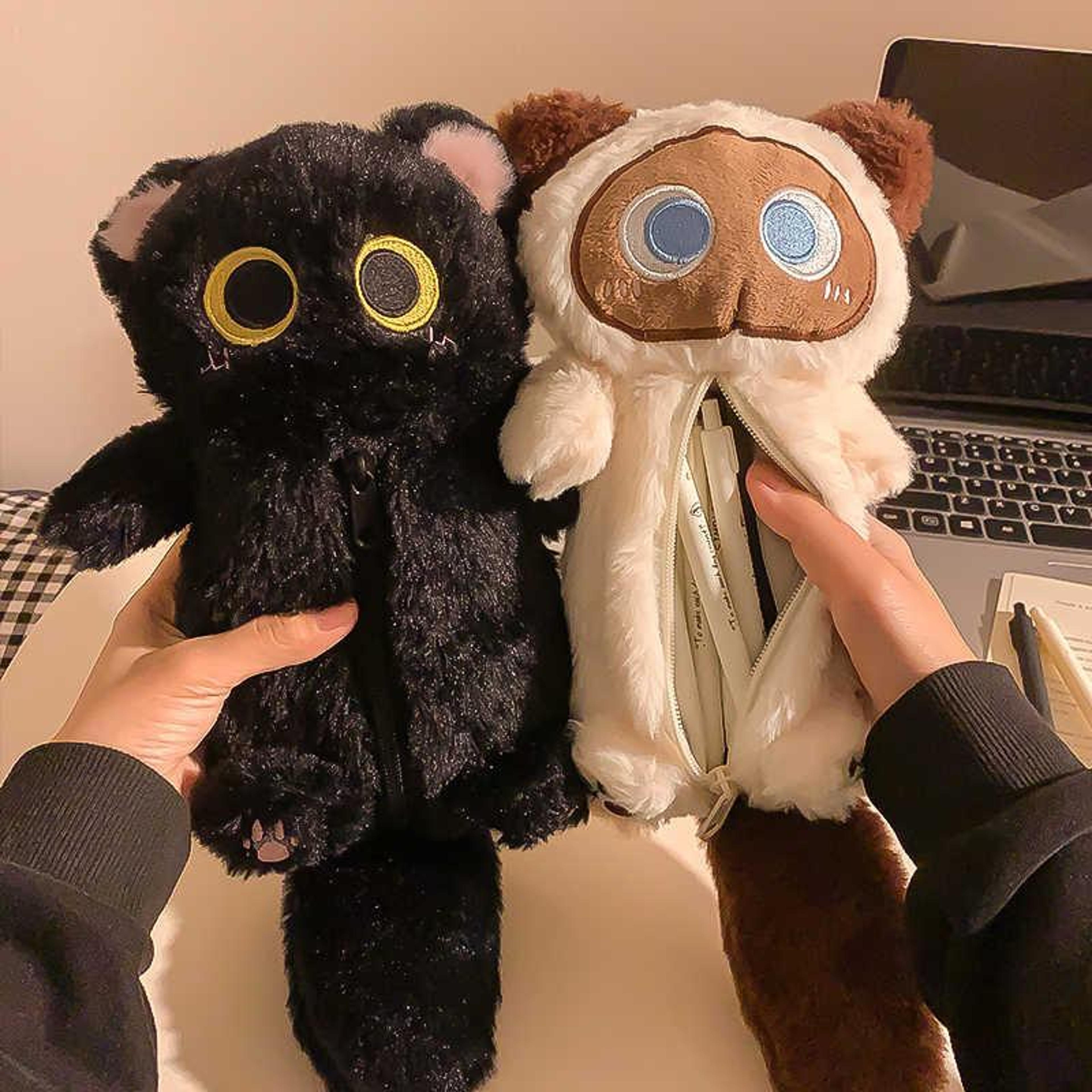 big eyed cat plush pencil case large capacity soft kawaii stationery bag