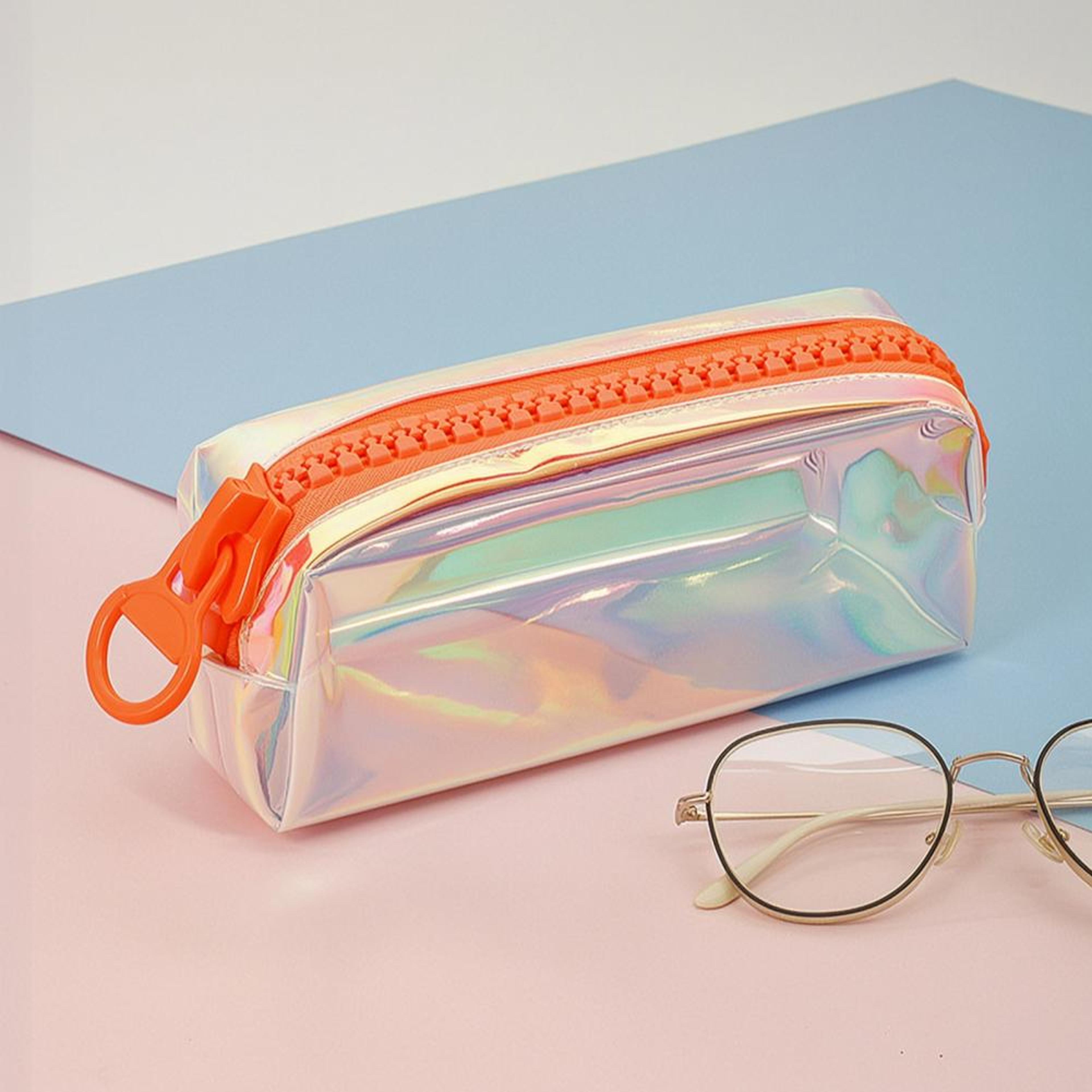 iridescent holographic pencil case with wide opening and large capacity