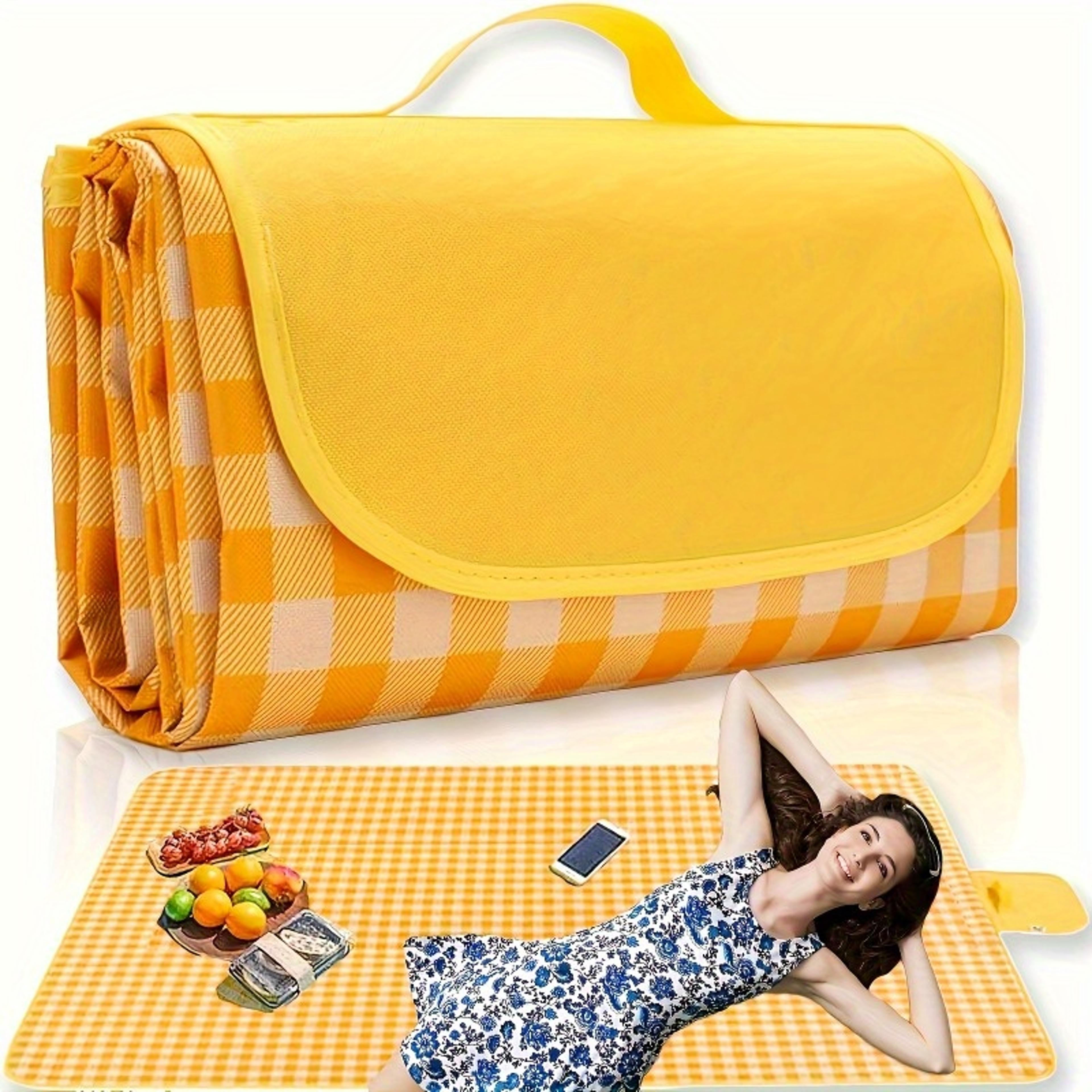 yellow checkered foldable sandproof picnic blanket for beach and camping