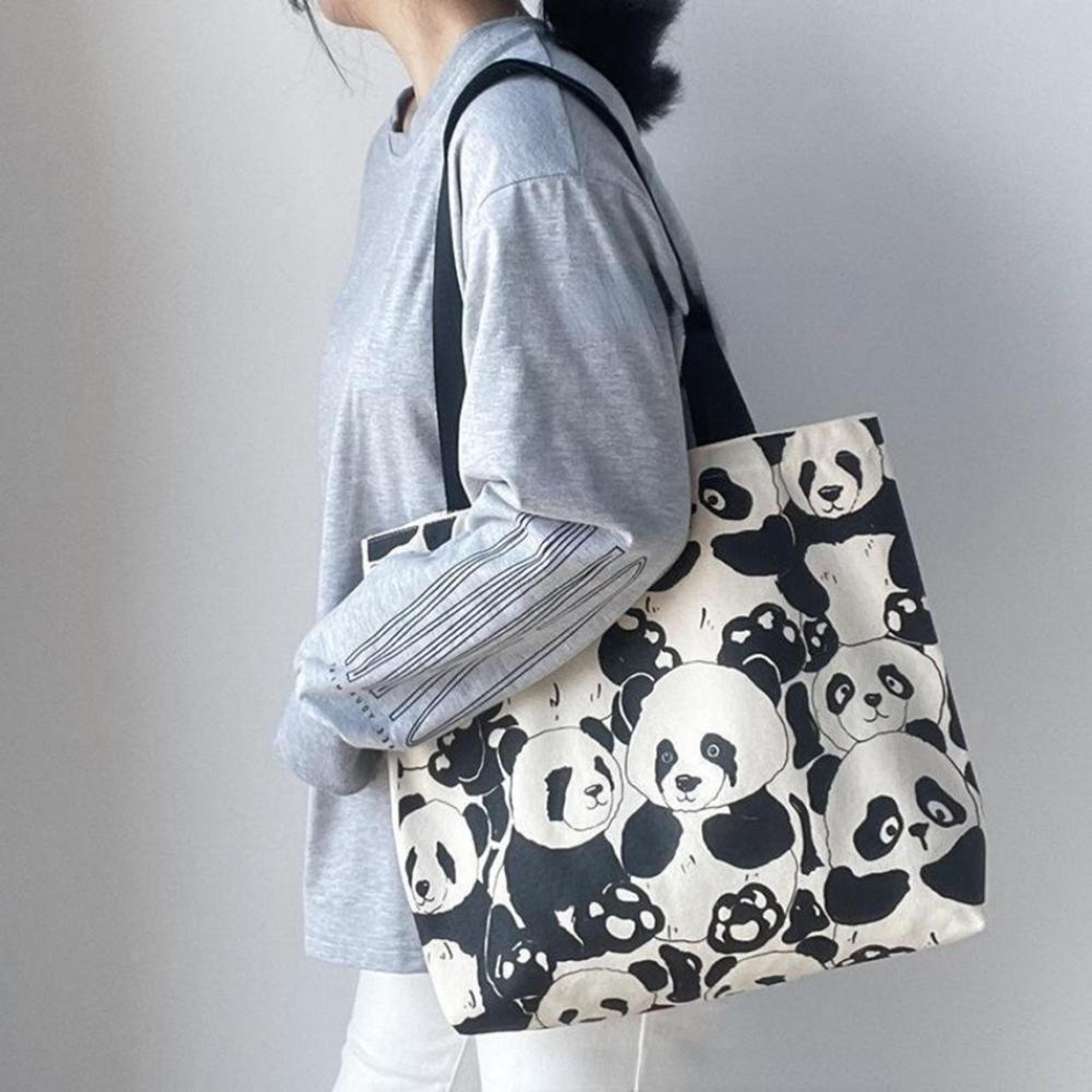 panda print zipper canvas shoulder tote bag
