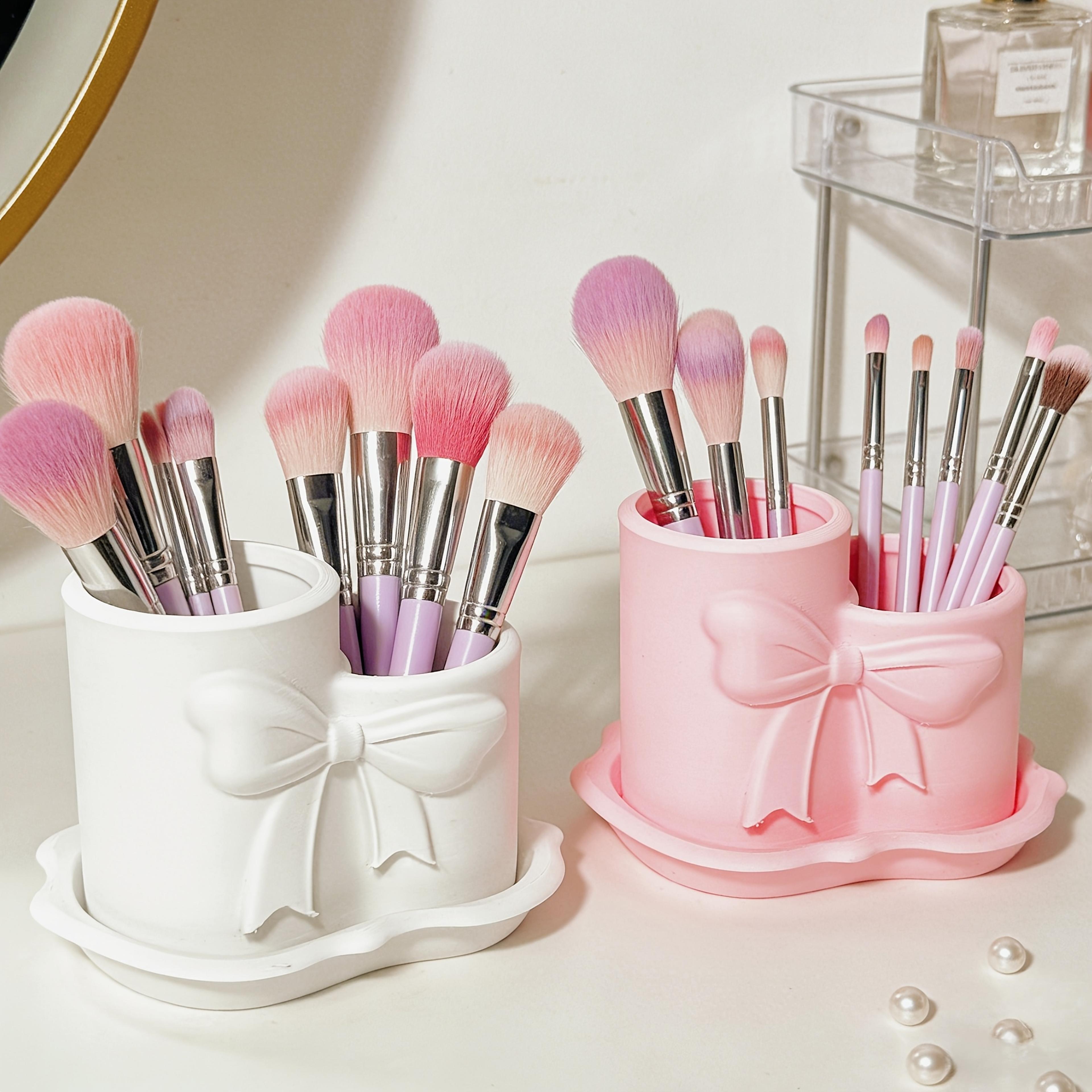 printed bow makeup brush holder pink white cosmetic organizer vanity decor