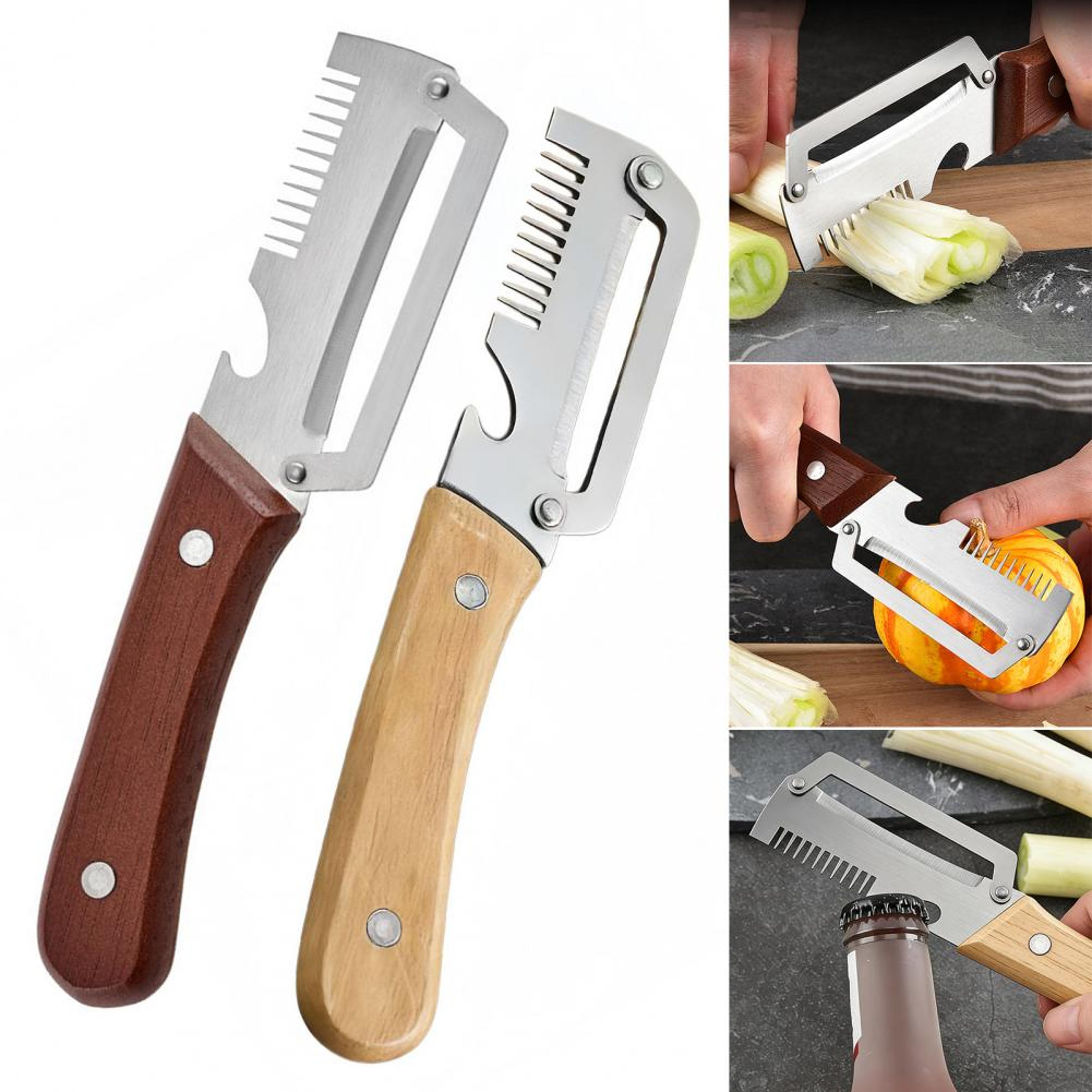 stainless steel paring knife and vegetable peeler with wooden handle