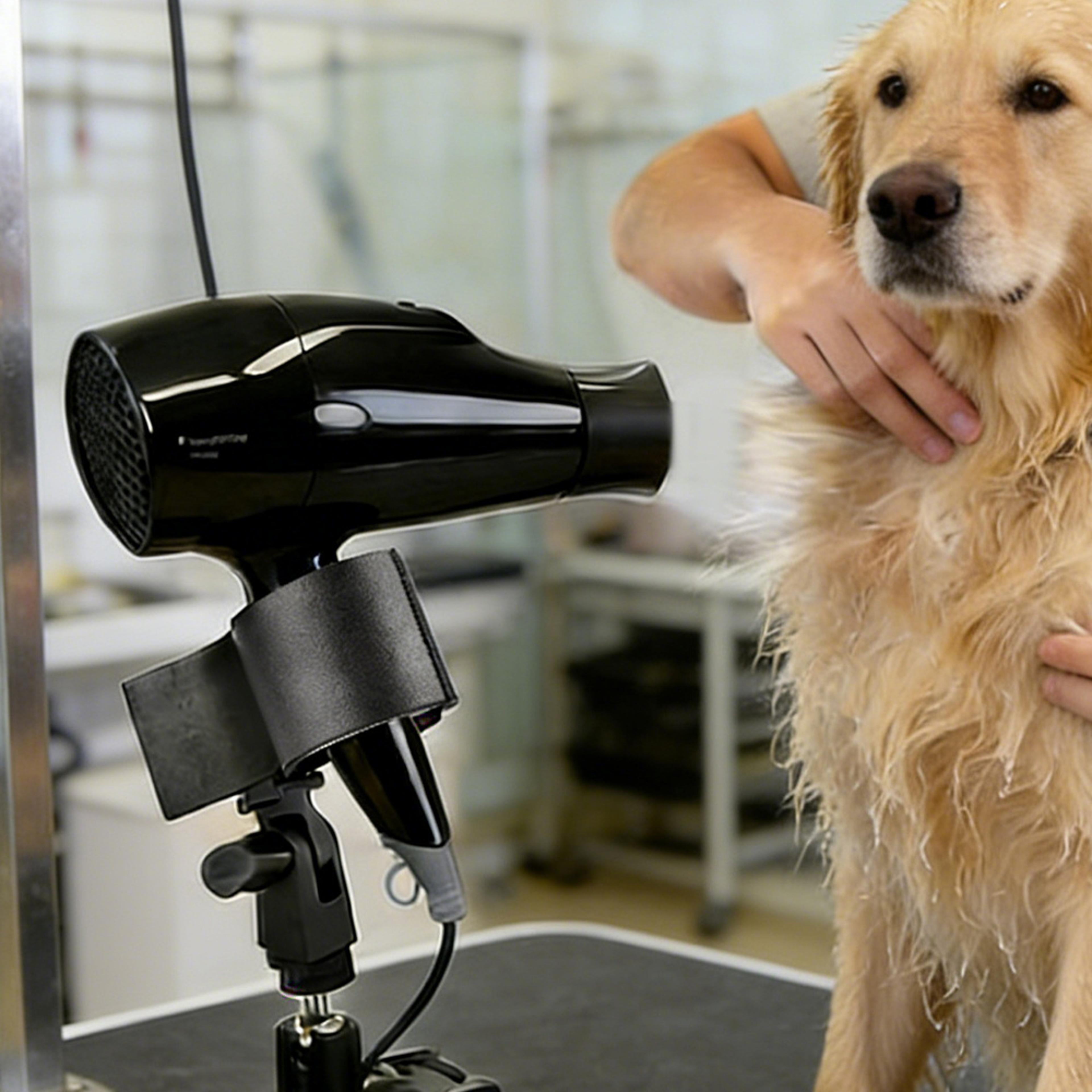 rotating pet hair dryer holder with adjustable clamp for hands free dog grooming