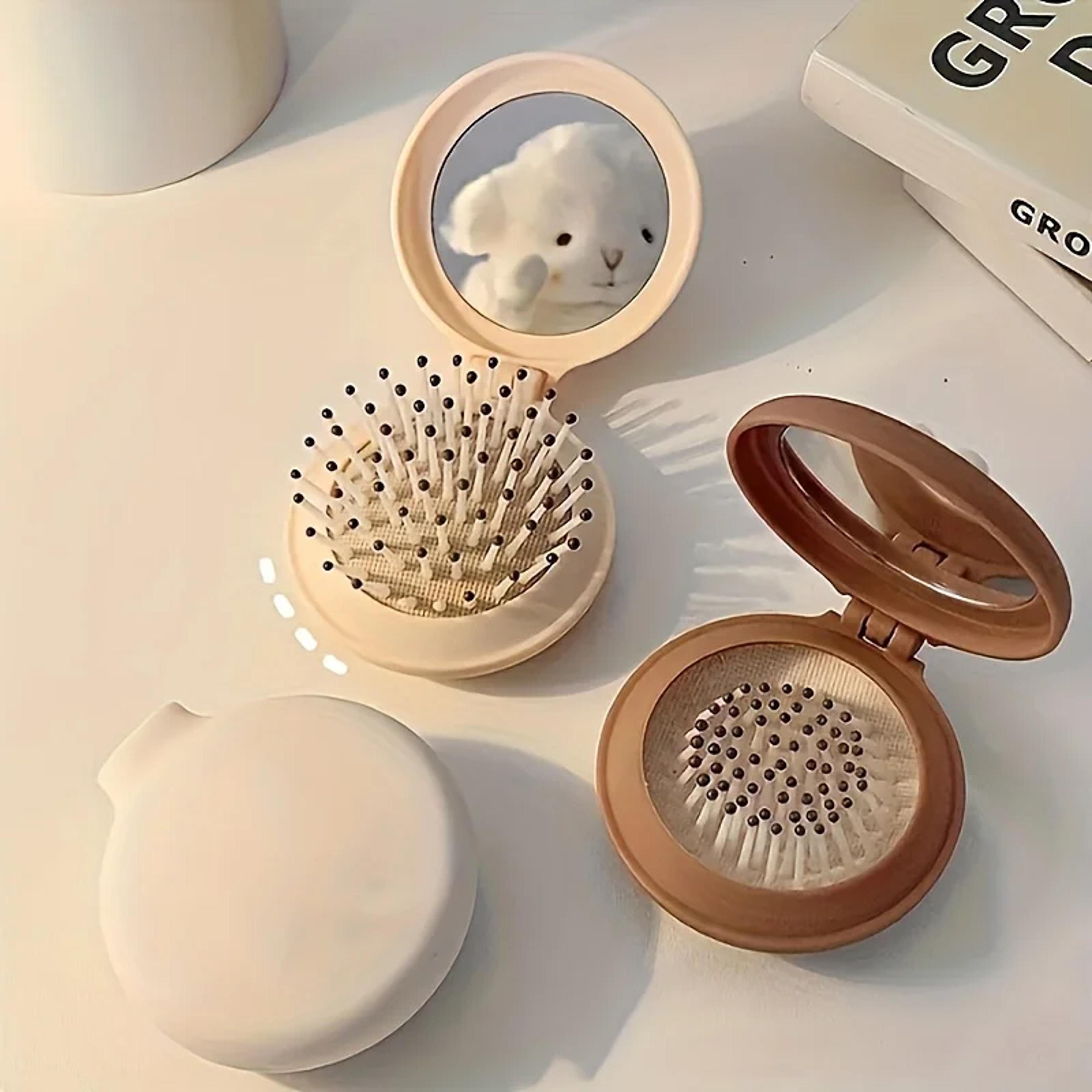 mini travel hair brush with mirror foldable compact hairbrush for purse, travel & everyday touch ups