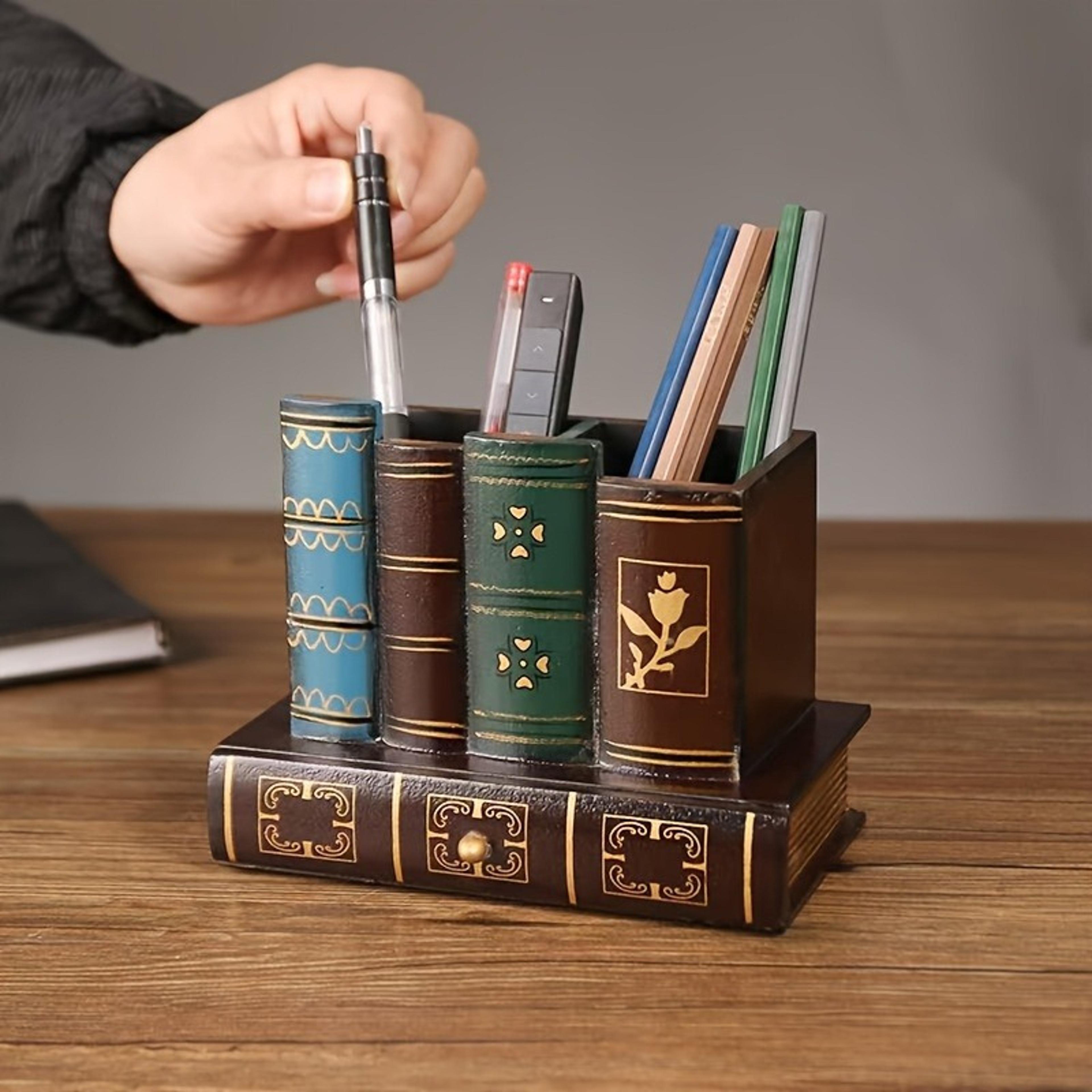 vintage book shaped pen holder wood desk organizer for office, home & study