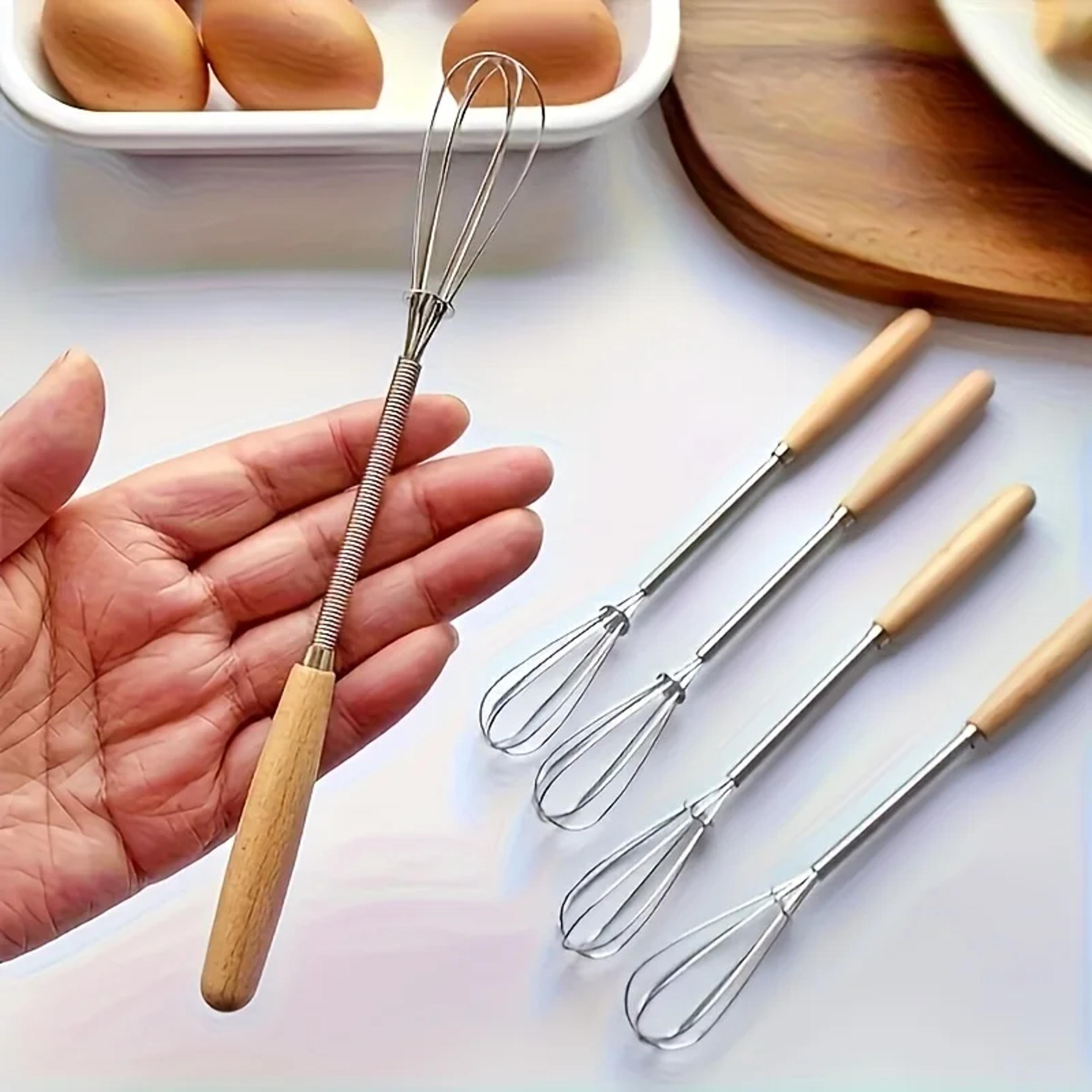 stainless steel whisk set with solid wood handles for baking, eggs & cream mixing