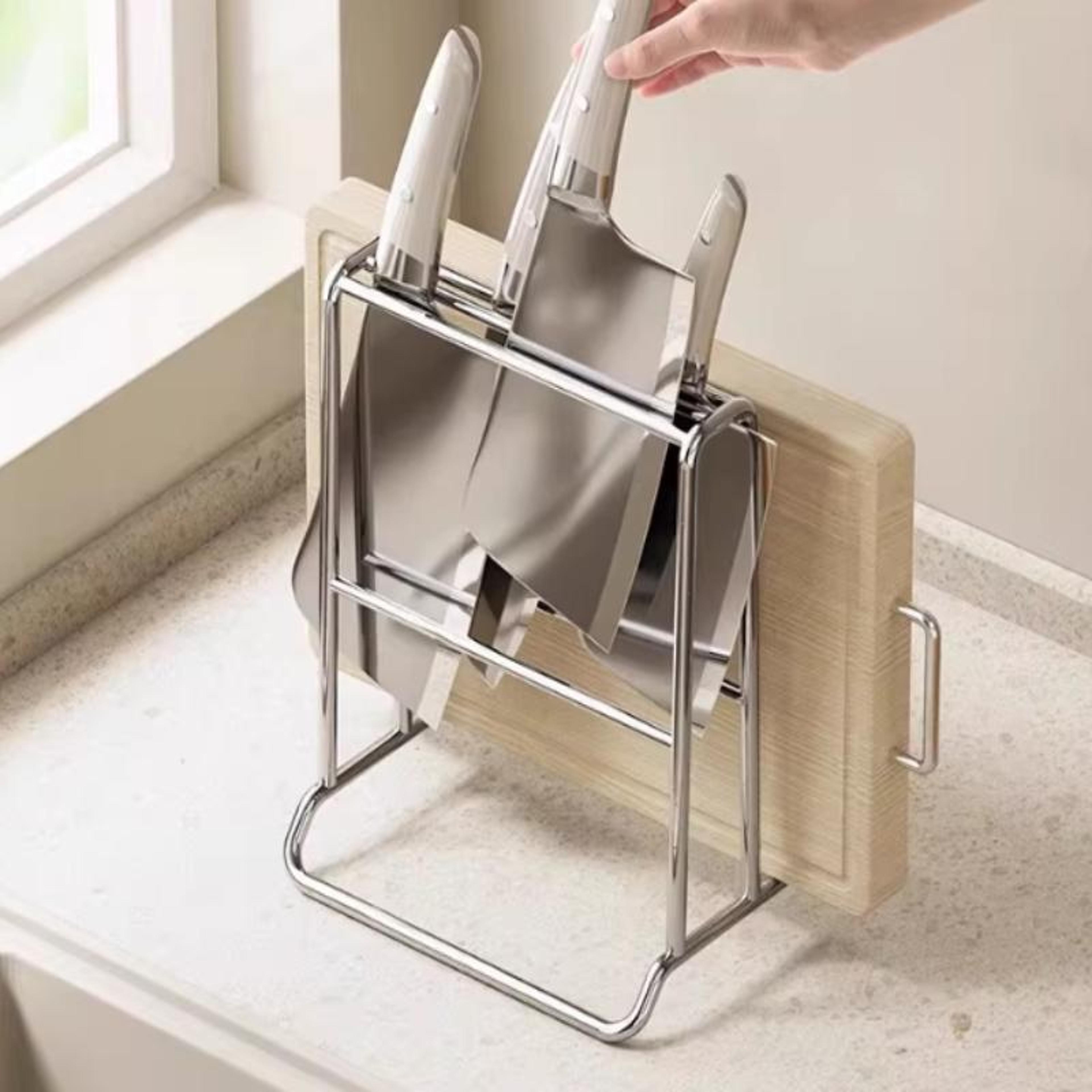 space saving knife organizer with cutting board holder and kitchen utensil storage rack