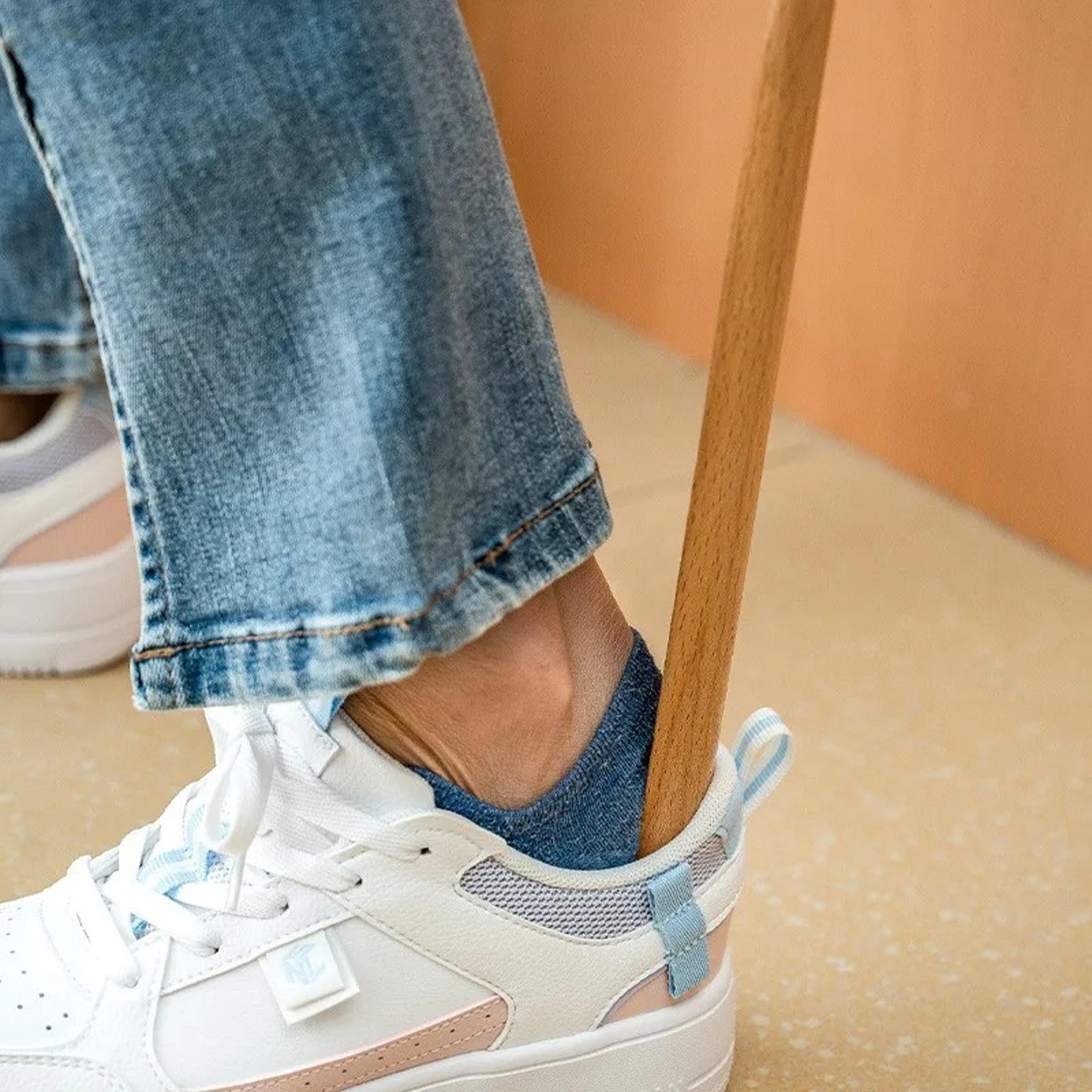premium long handle wooden shoe horn for easy hands free shoe wearing