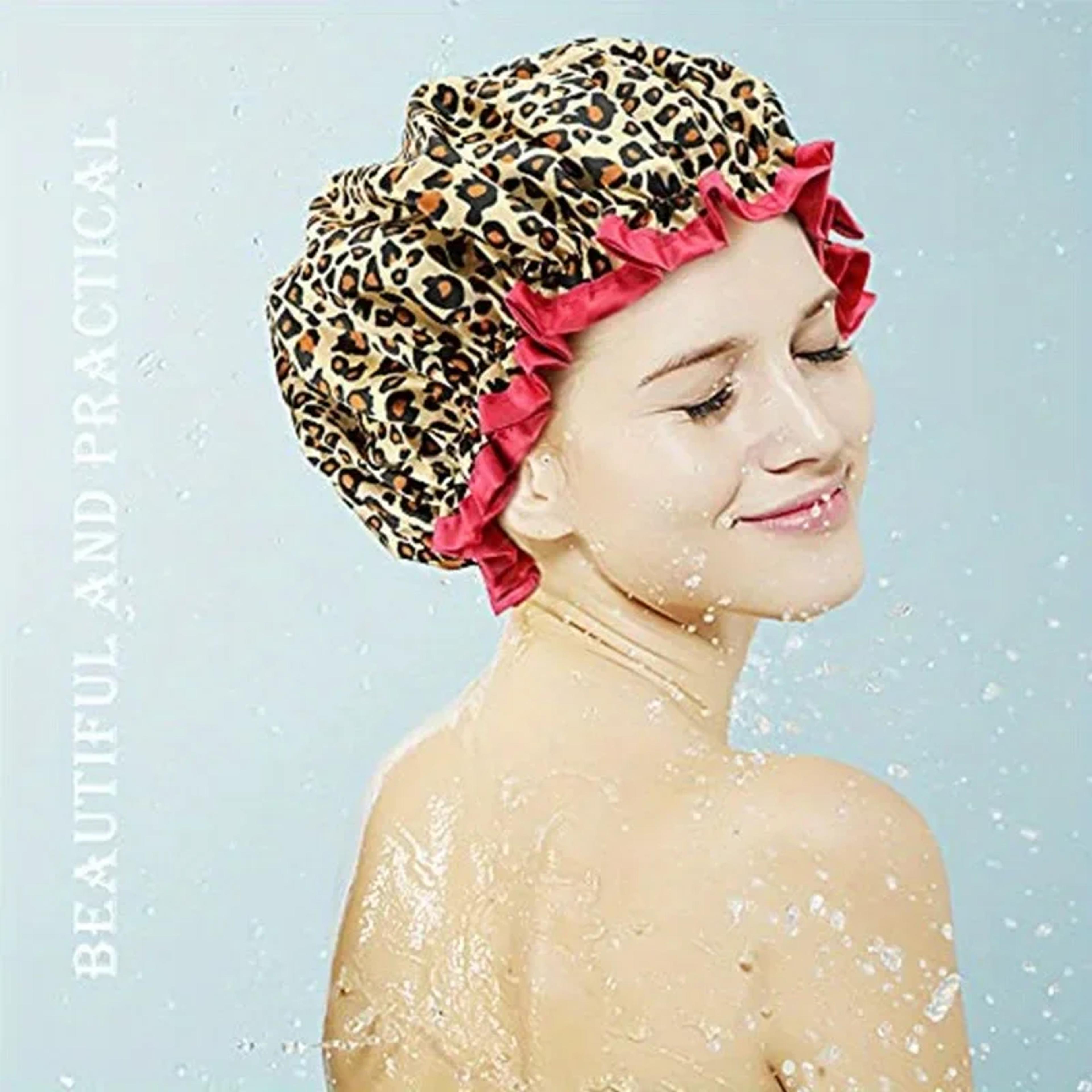 leopard print double layer waterproof shower cap reusable hair cover