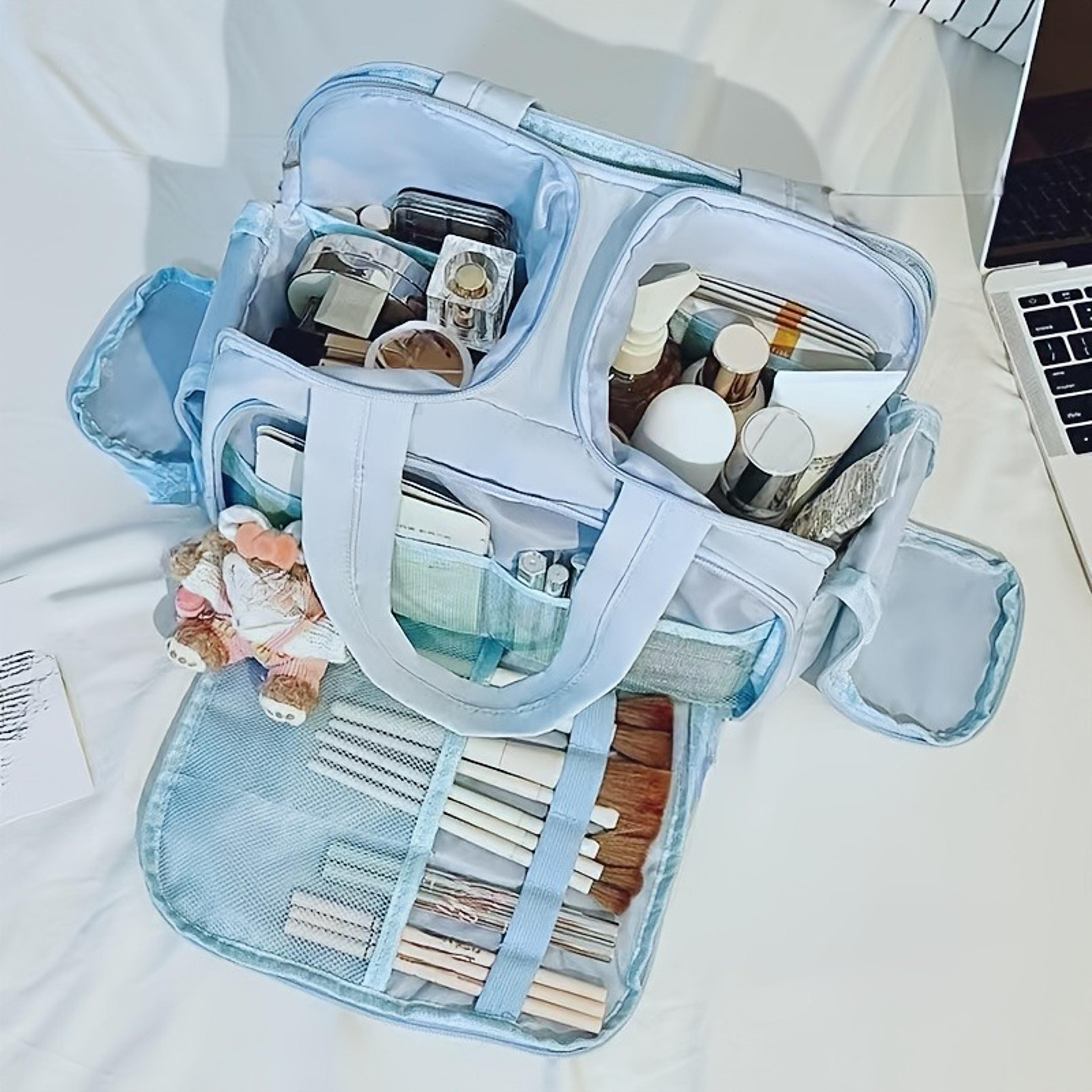 large capacity travel makeup bag with multi compartment cosmetic organizer