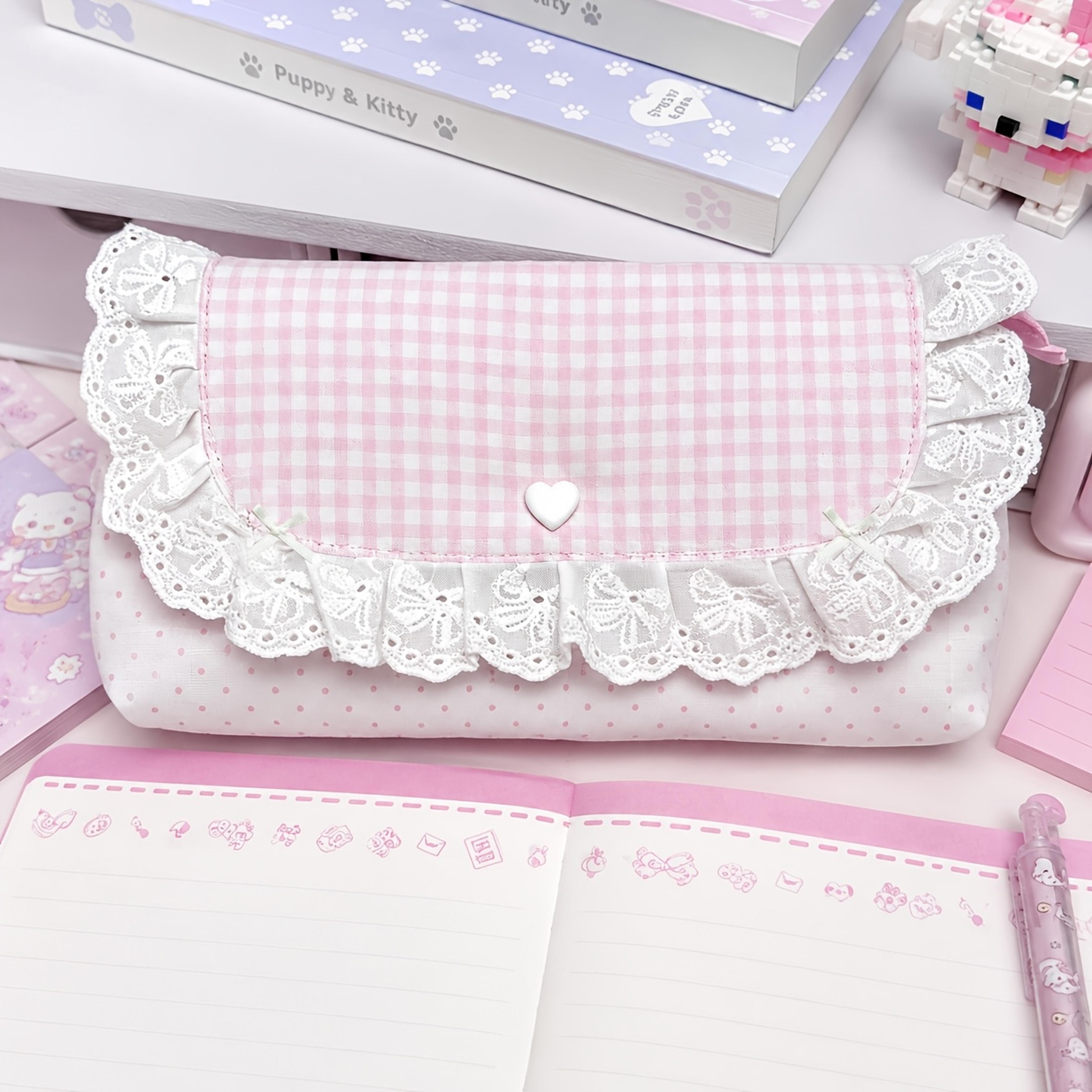 pink plaid storage pouch with lace flap cute travel organizer bag