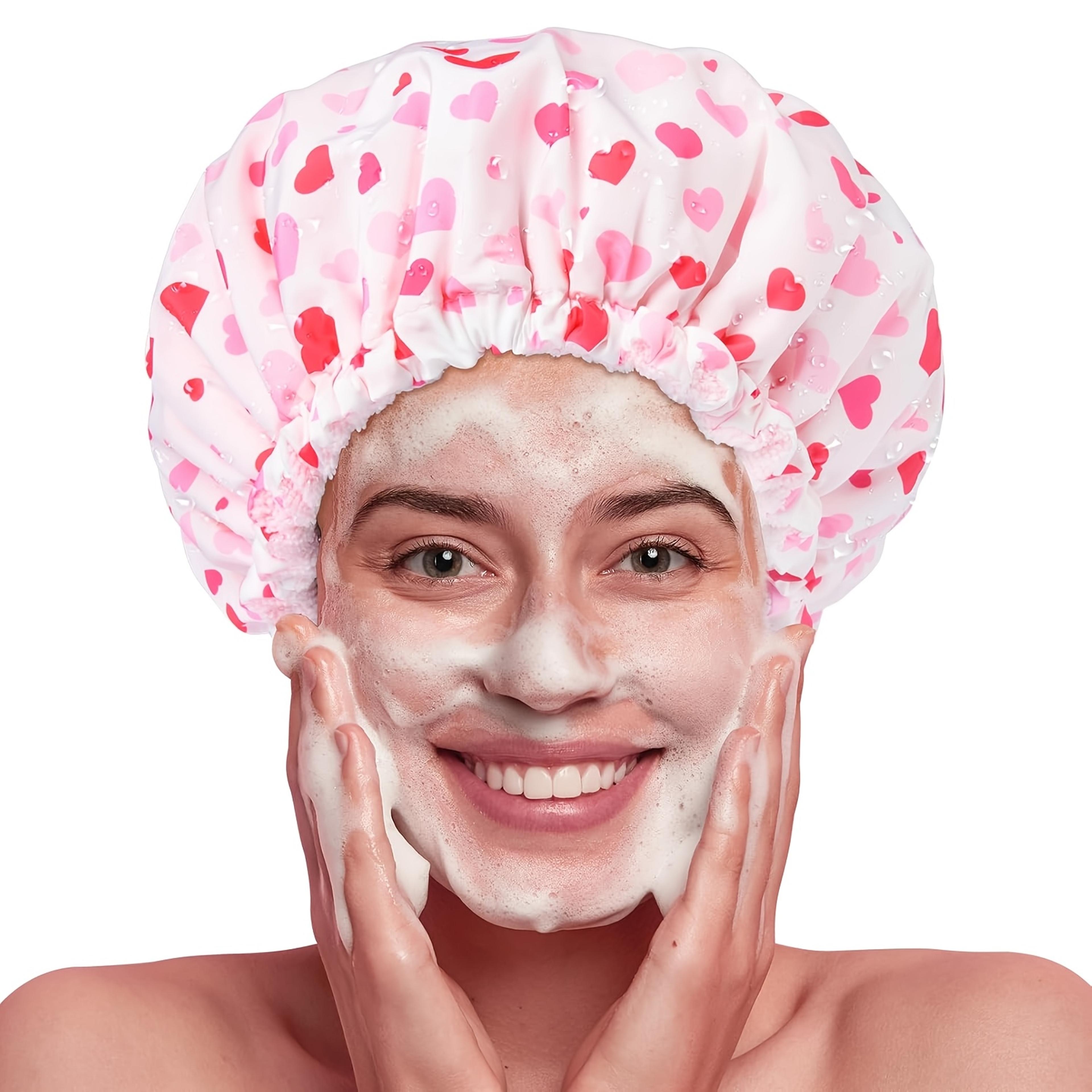 pink double layer waterproof shower cap with towel lining for women