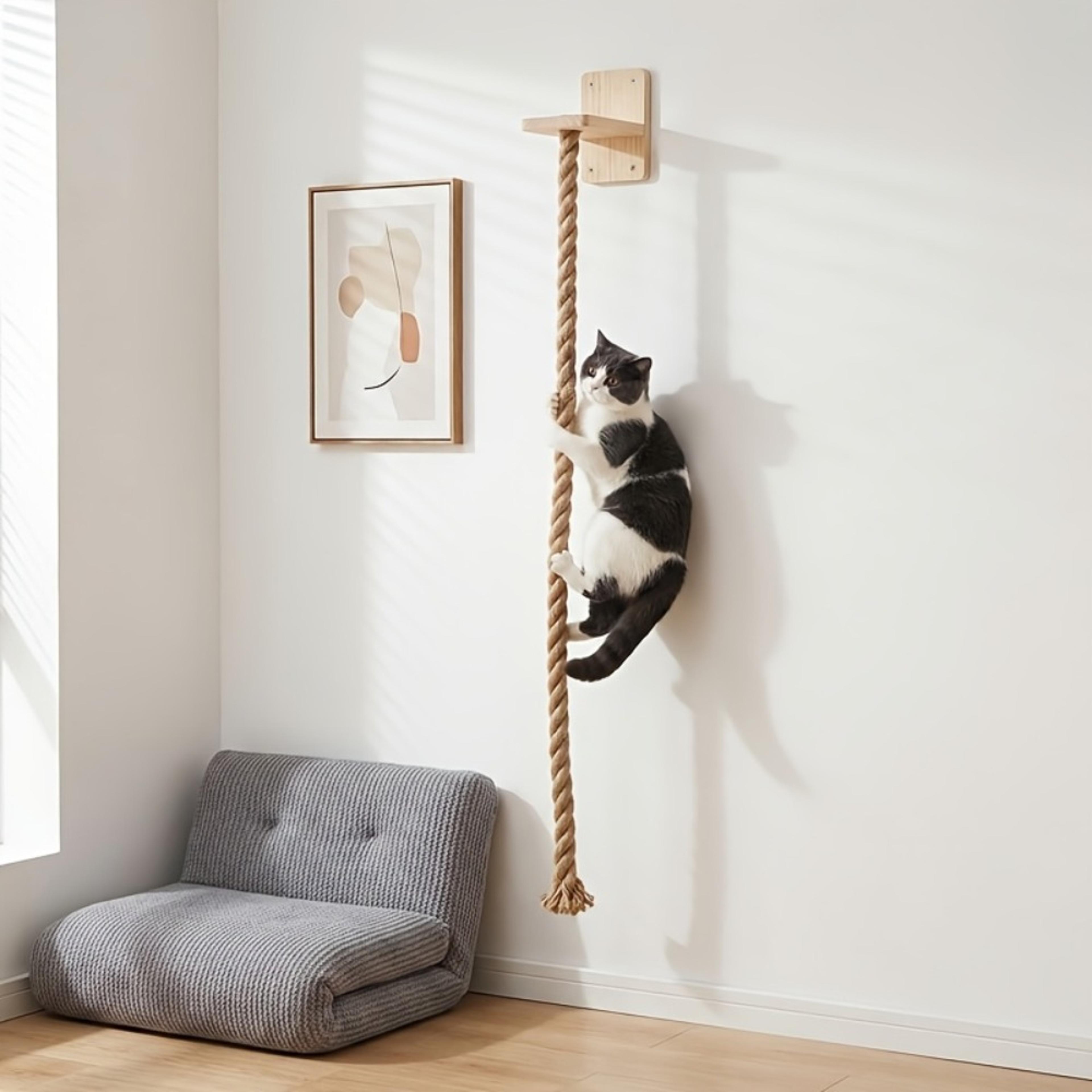 wall mounted cat scratching post with wooden shelf and sisal rope