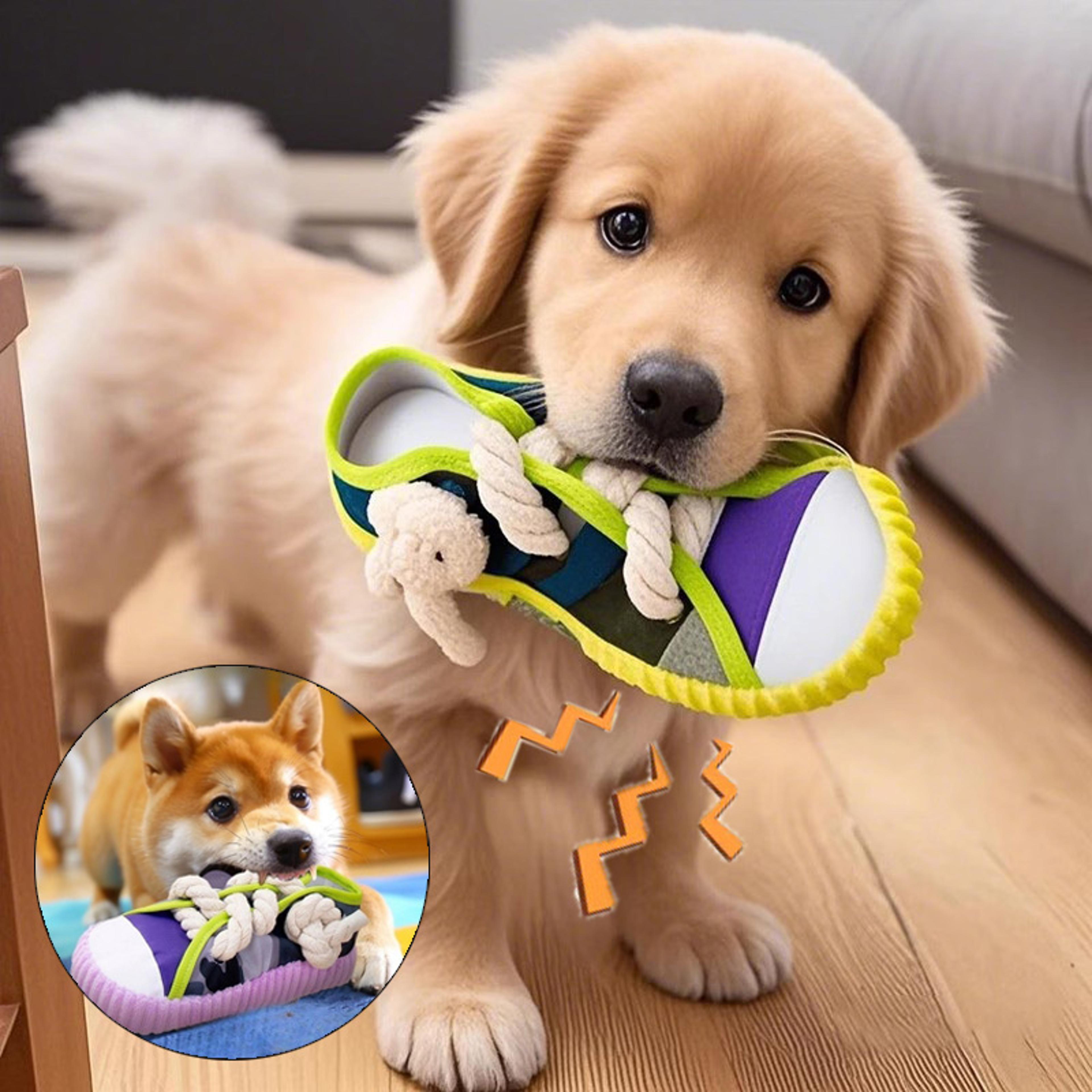 slipper shape dog chew toy with rope squeaker for puppies and small dogs
