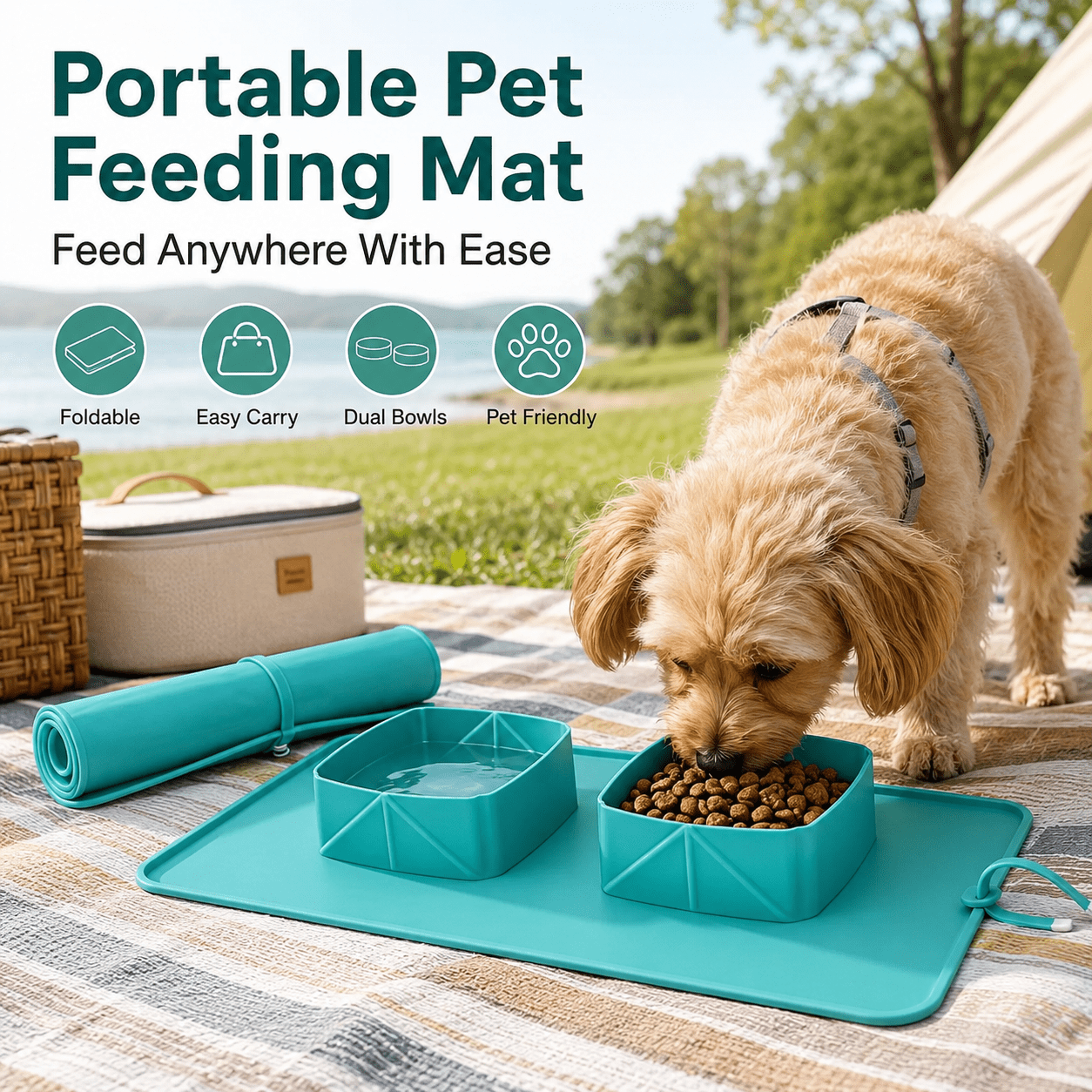 foldable portable pet feeding kit with travel bowls and storage bag