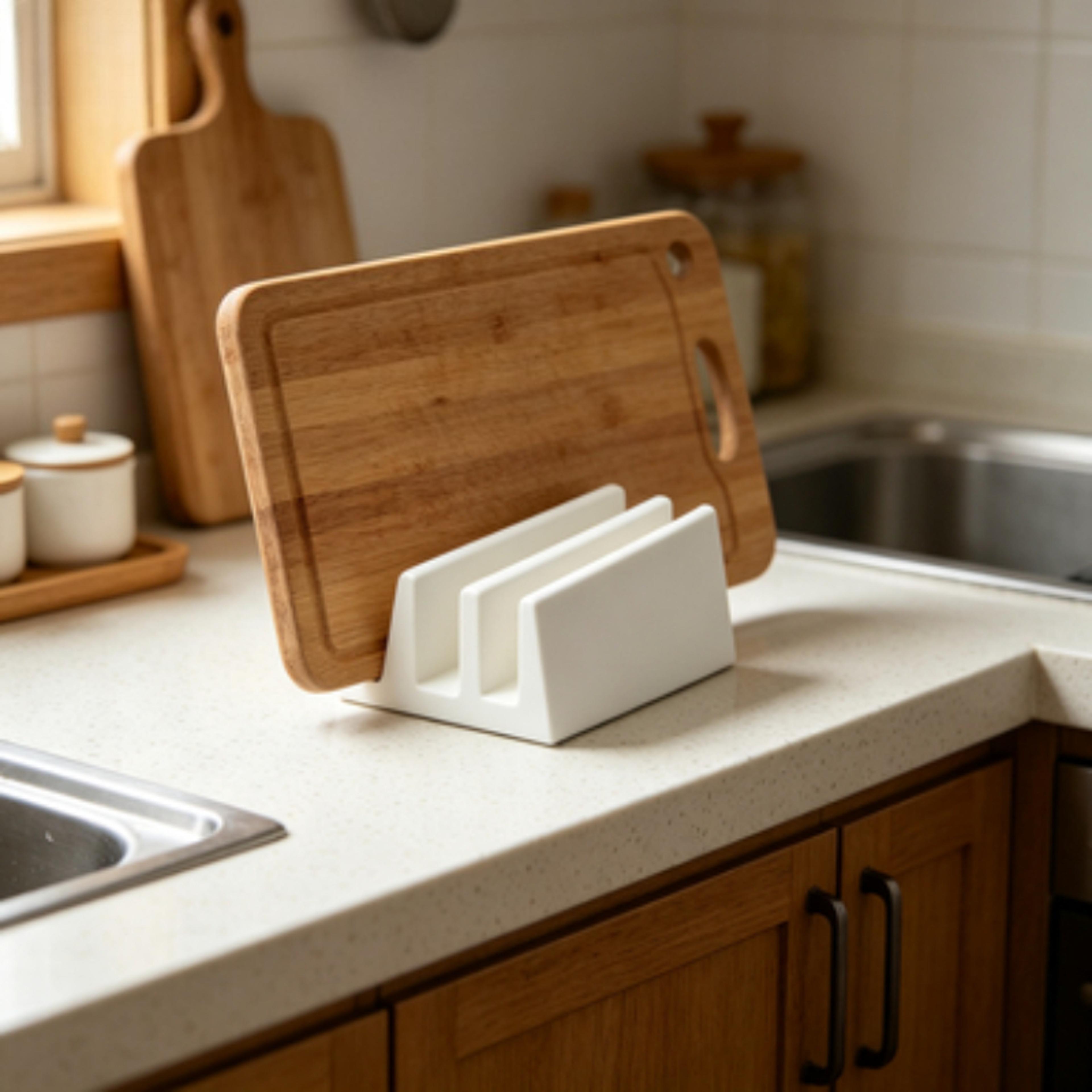 multi tier cutting board organizer kitchen countertop storage rack with pot lid holder