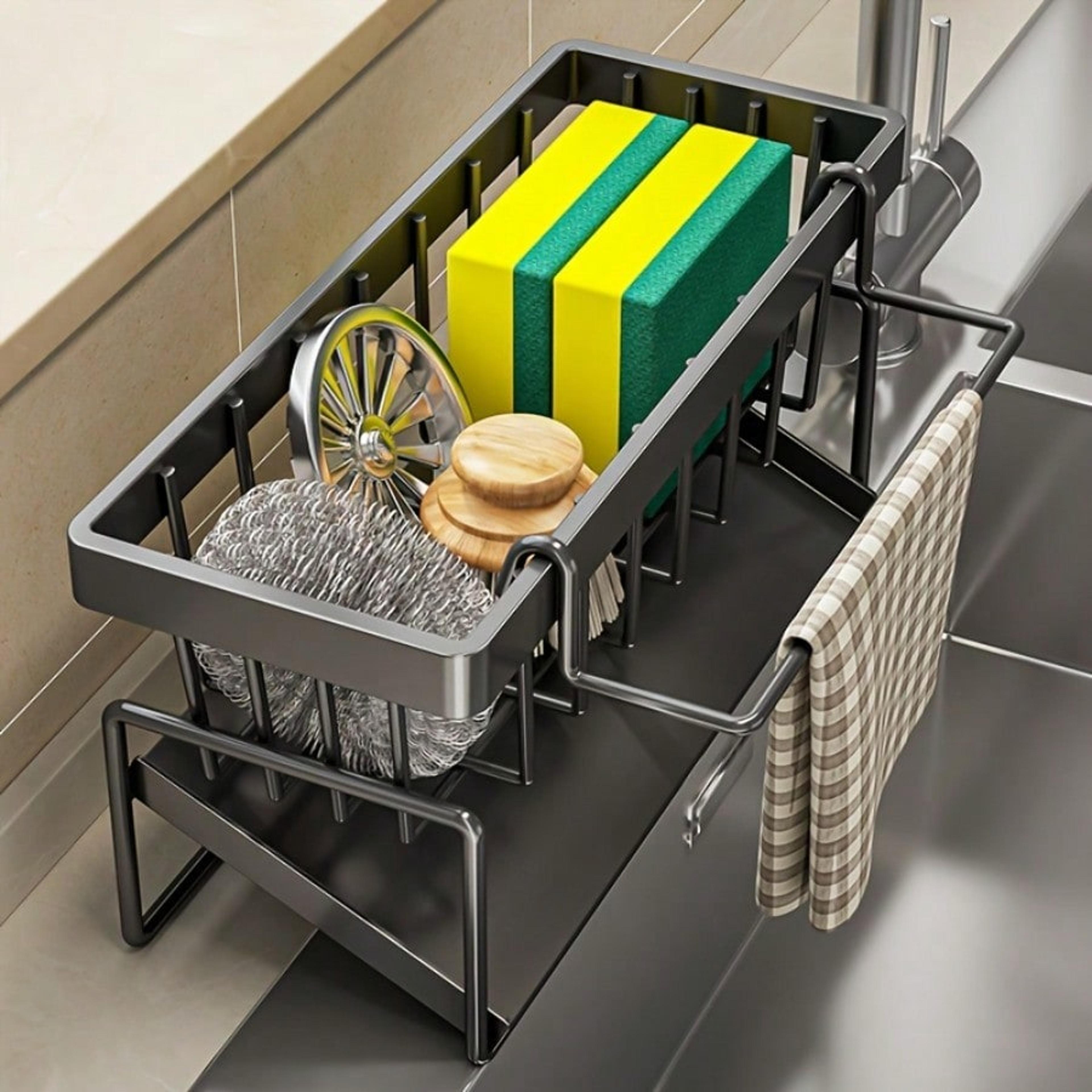 multi functional kitchen sink organizer with towel rack and self draining tray