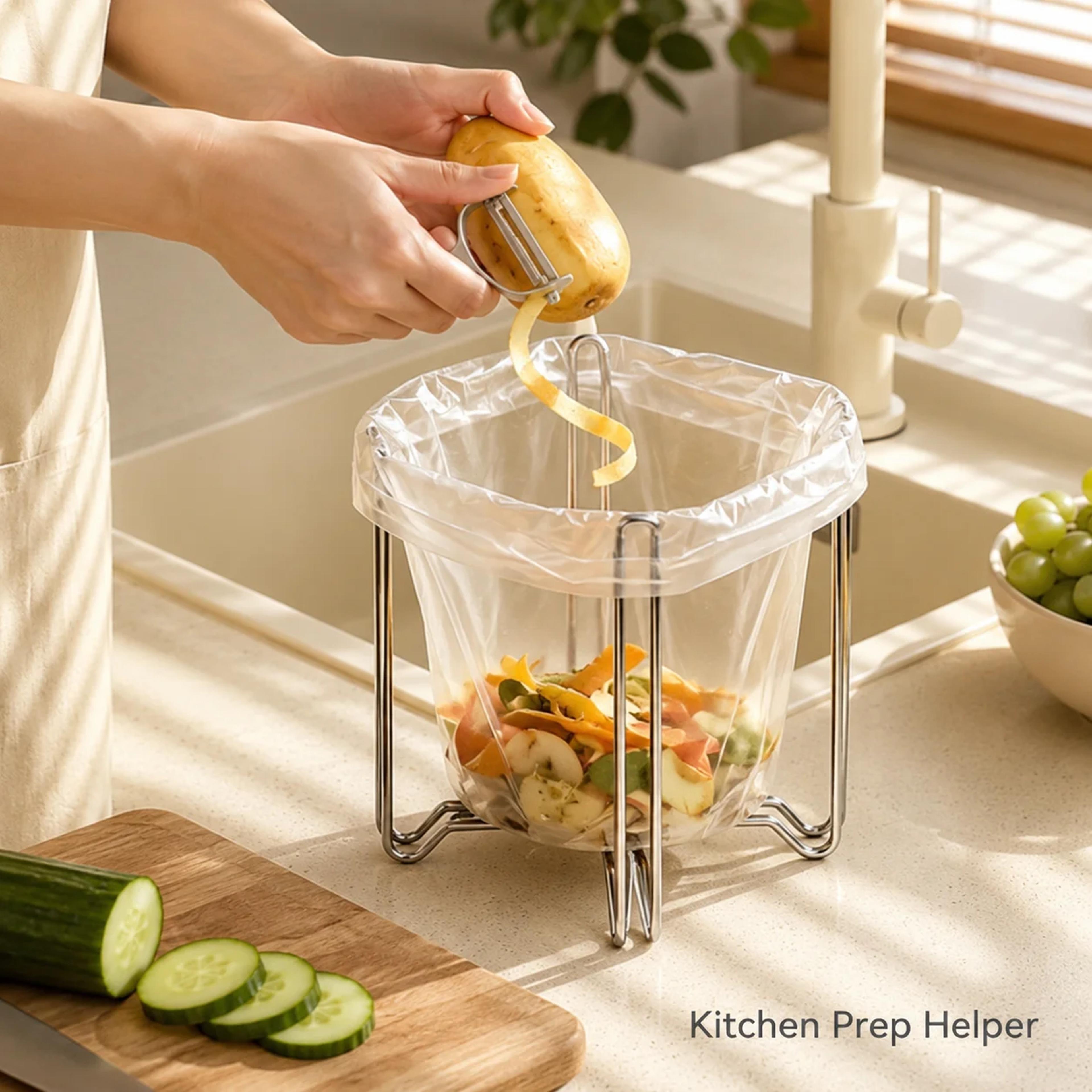 foldable stainless steel trash bag holder kitchen countertop waste organizer