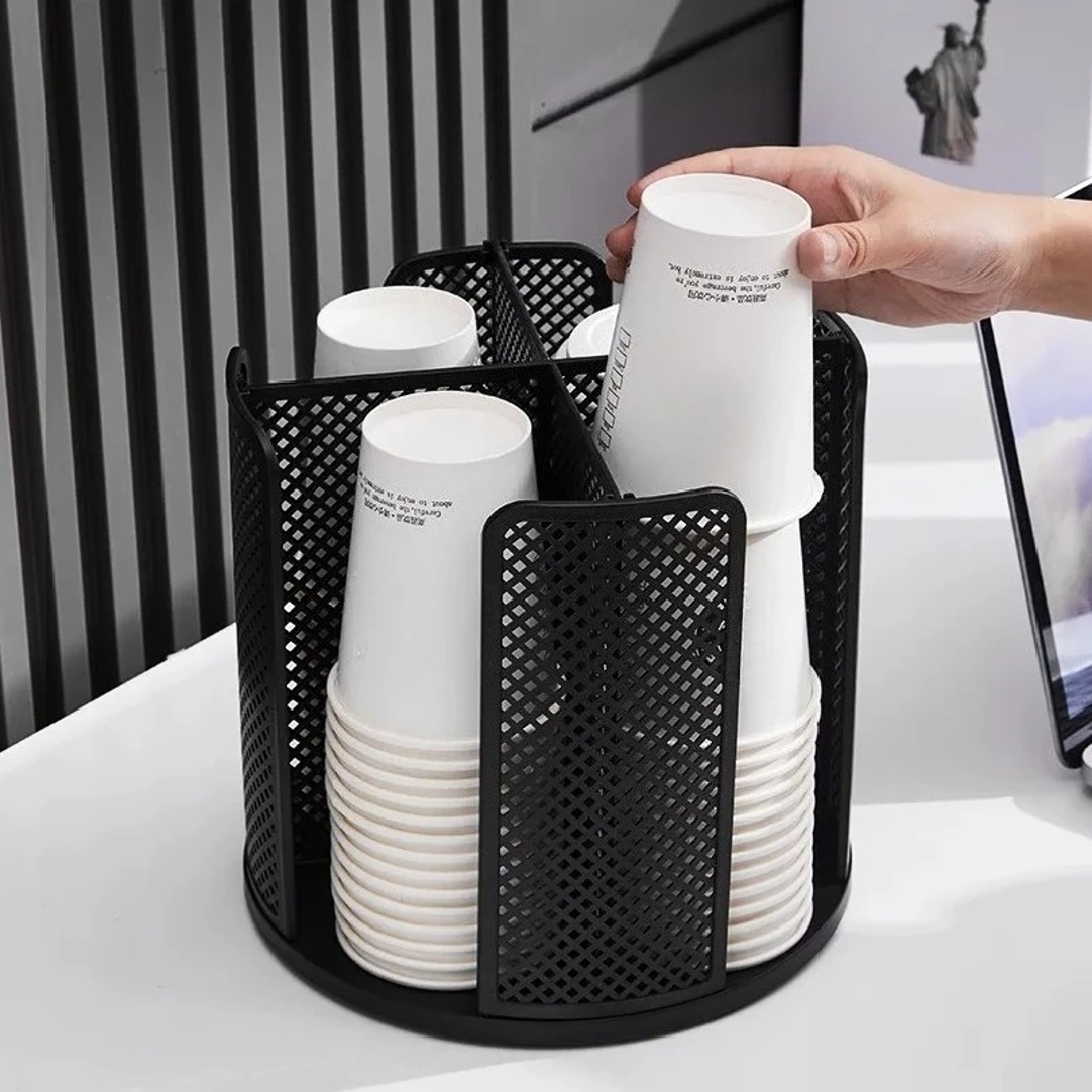 rotating cup organizer with dispenser for coffee cups and lids