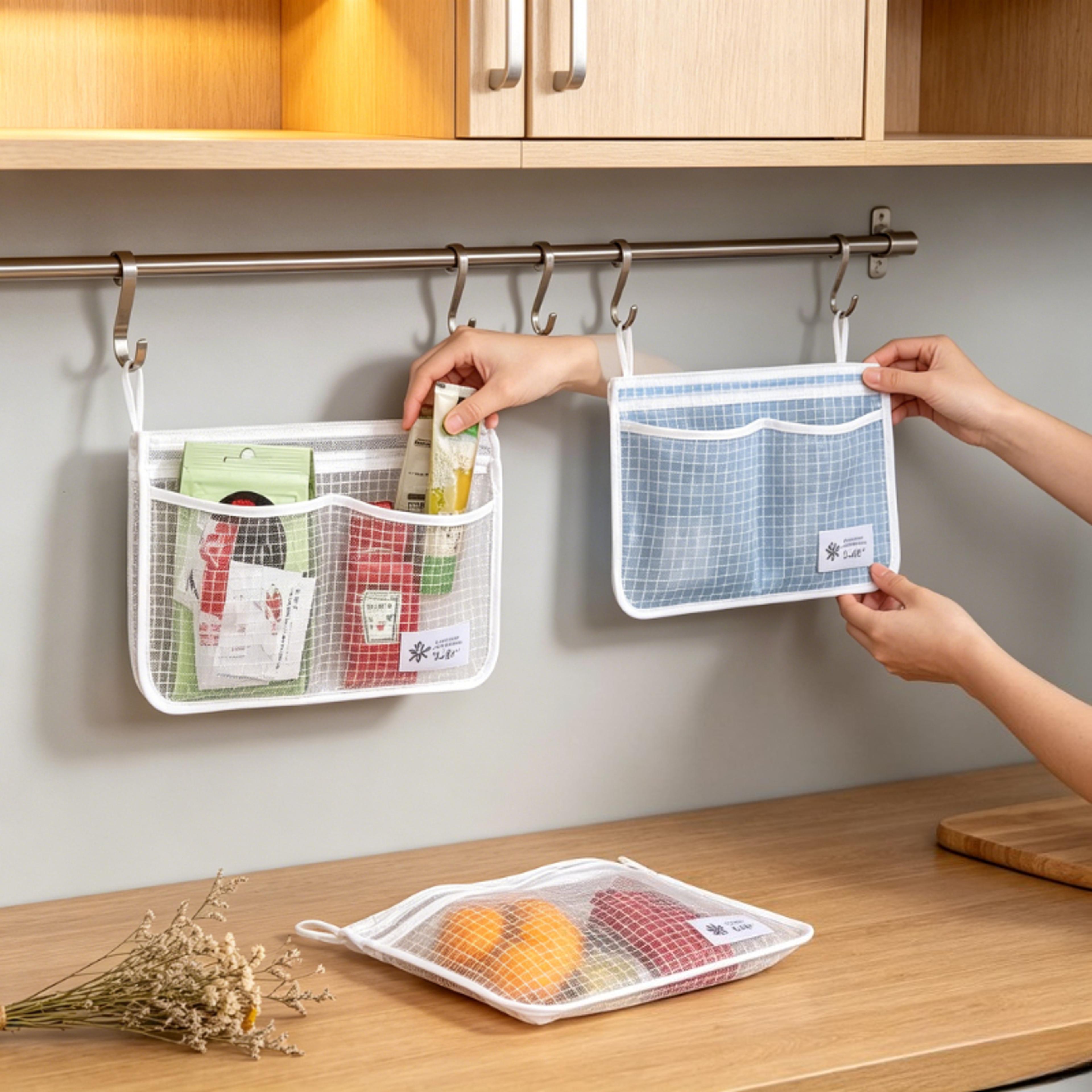 refrigerator organizer hanging mesh storage bag double compartment sauce packet holder