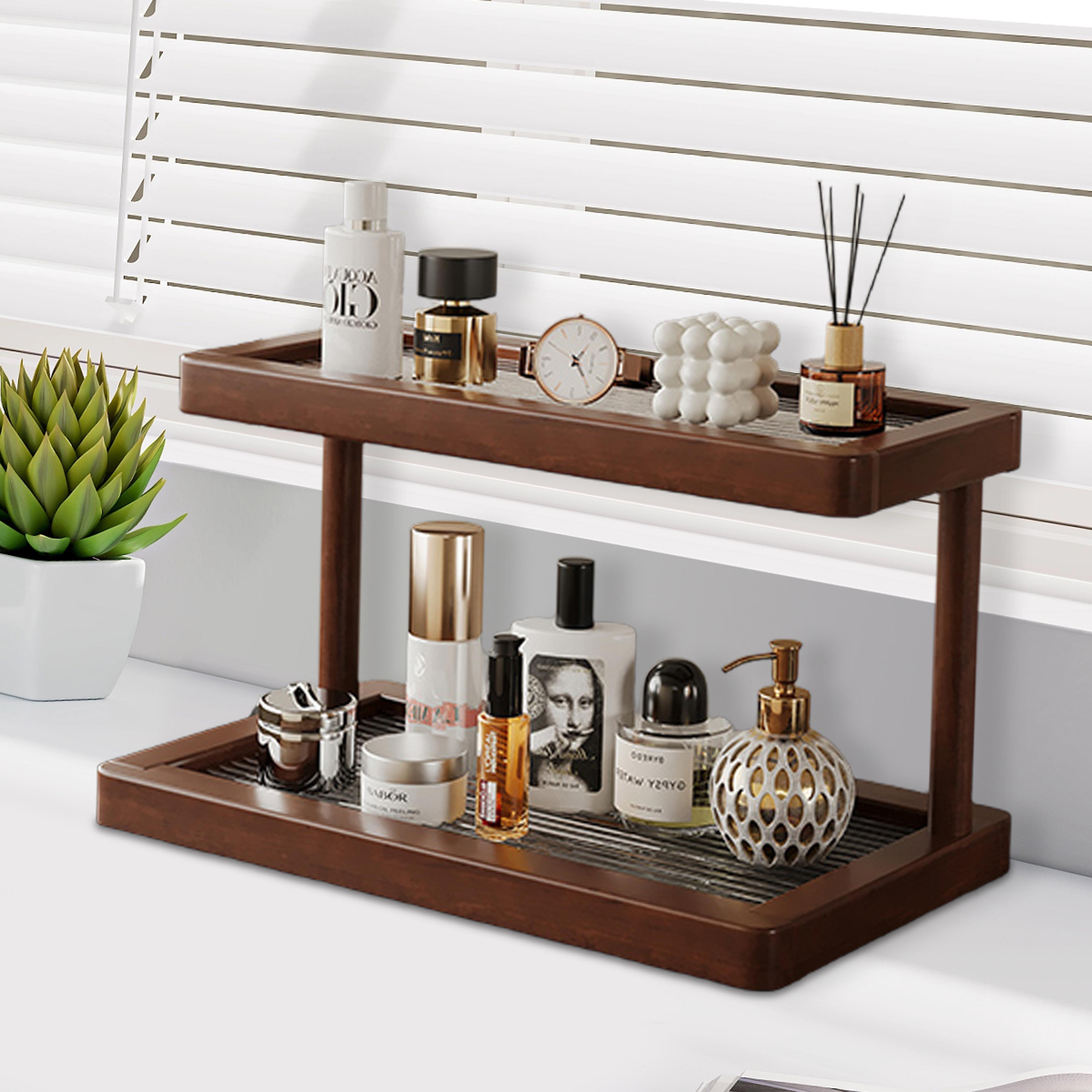 bamboo countertop organizer with acrylic bottom for cosmetic and spice storage