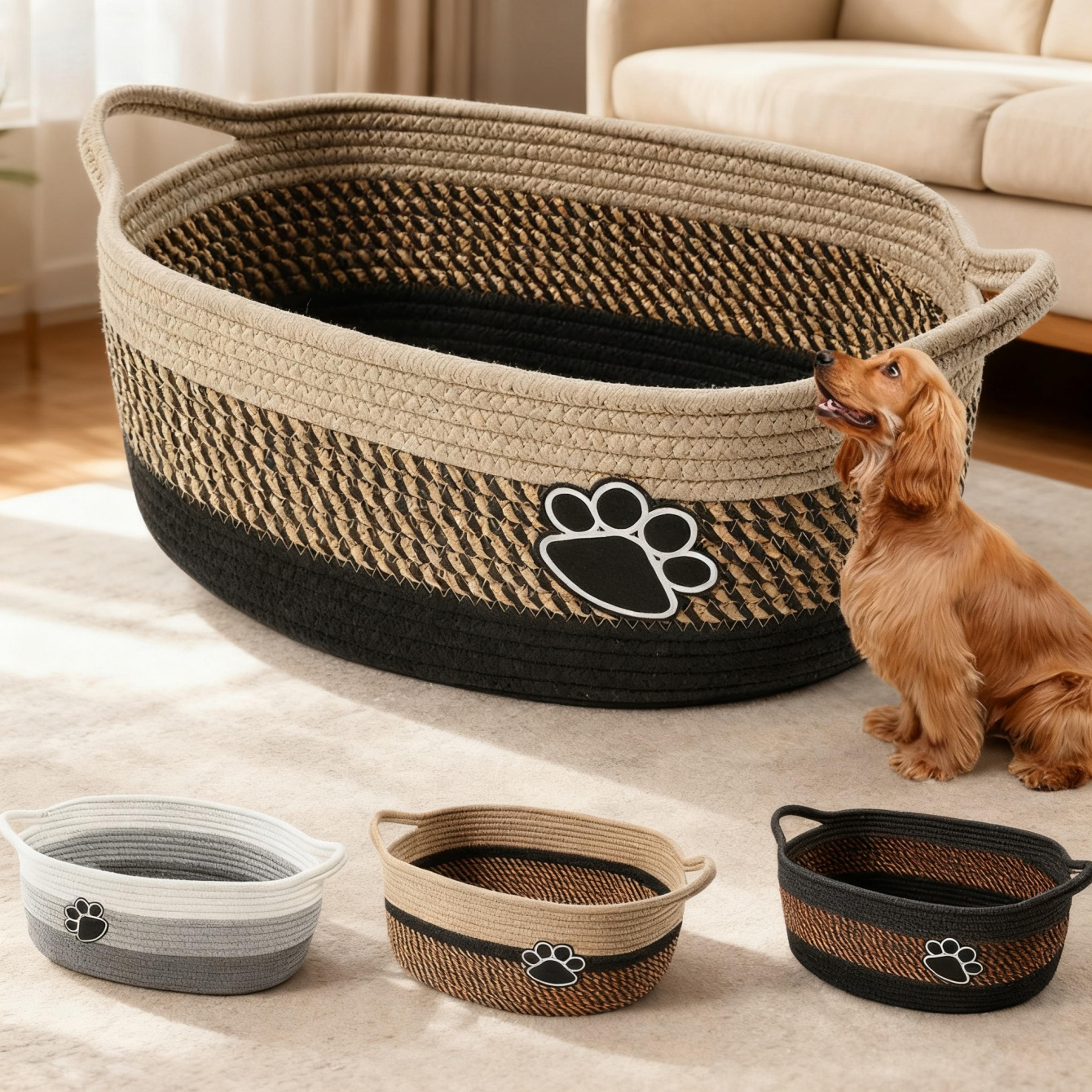 handmade woven dog toy basket with handle paw print pet storage organizer